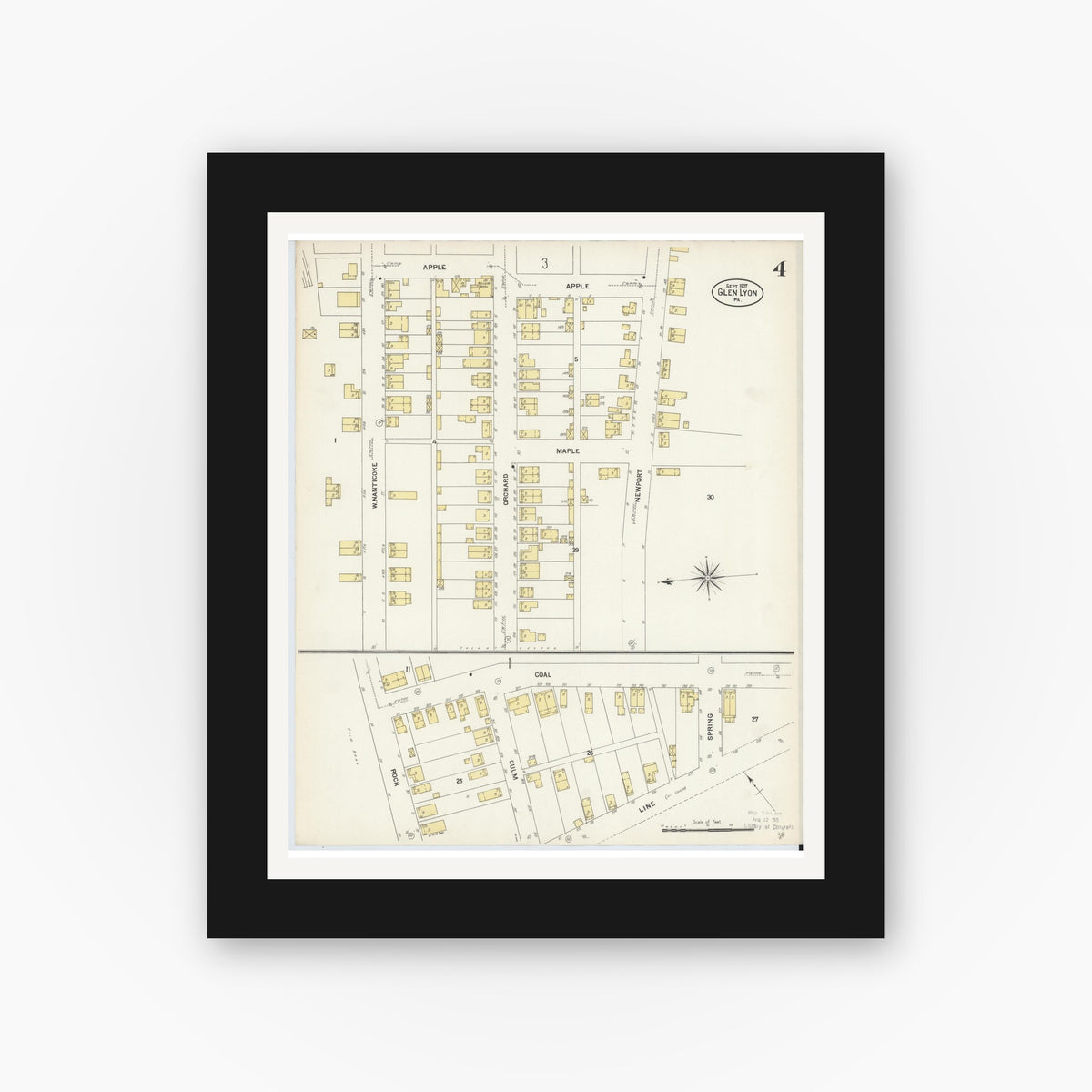 Old map wall art mockup — black gallery frame with white mat — Sanborn Fire Insurance Map from Glen Lyon, Luzerne County, Pennsylvania (1907), Sheet #0004