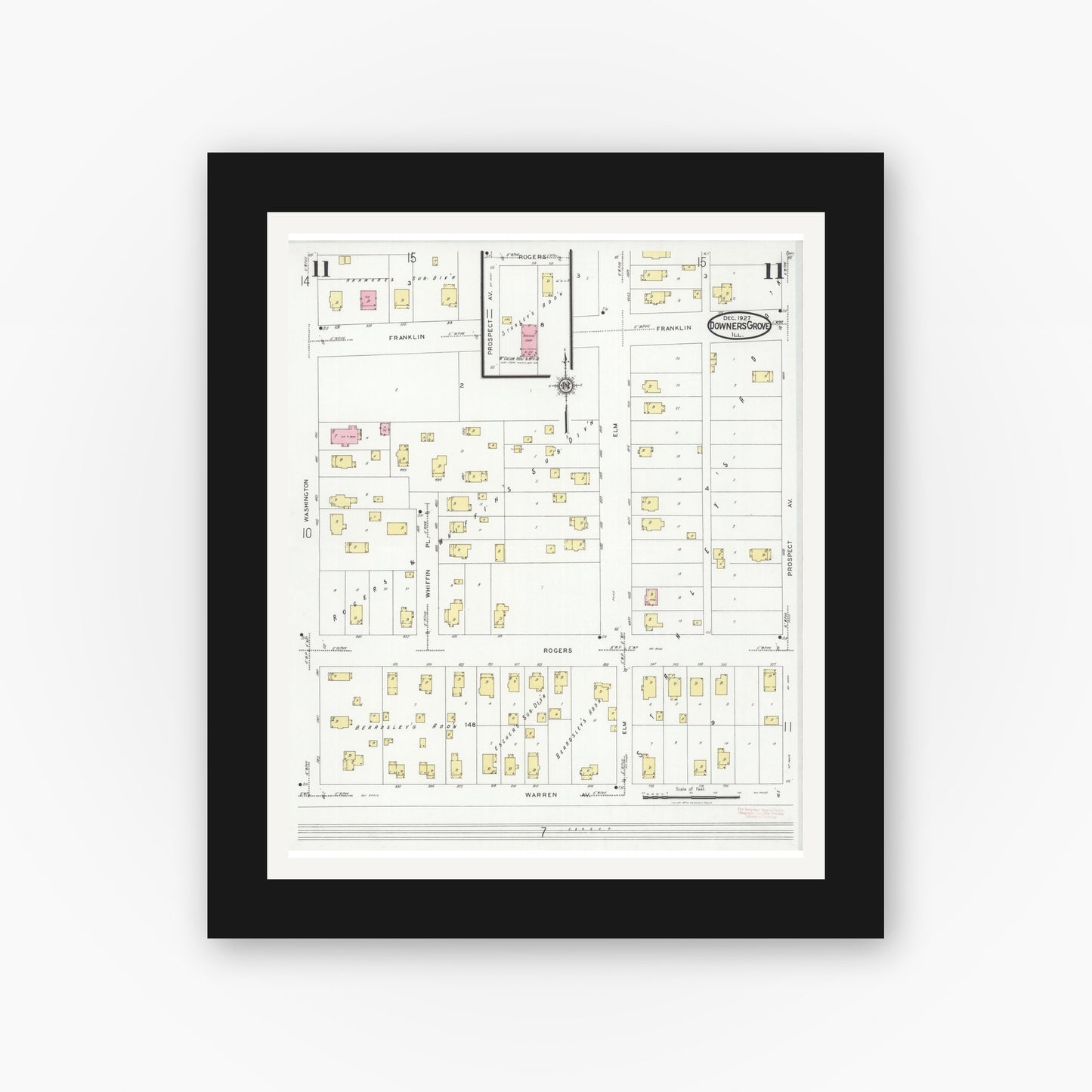 Old map wall art mockup — black gallery frame with white mat — Sanborn Fire Insurance Map from Downers Grove, Dupage County, Illinois (1927), Sheet #0011