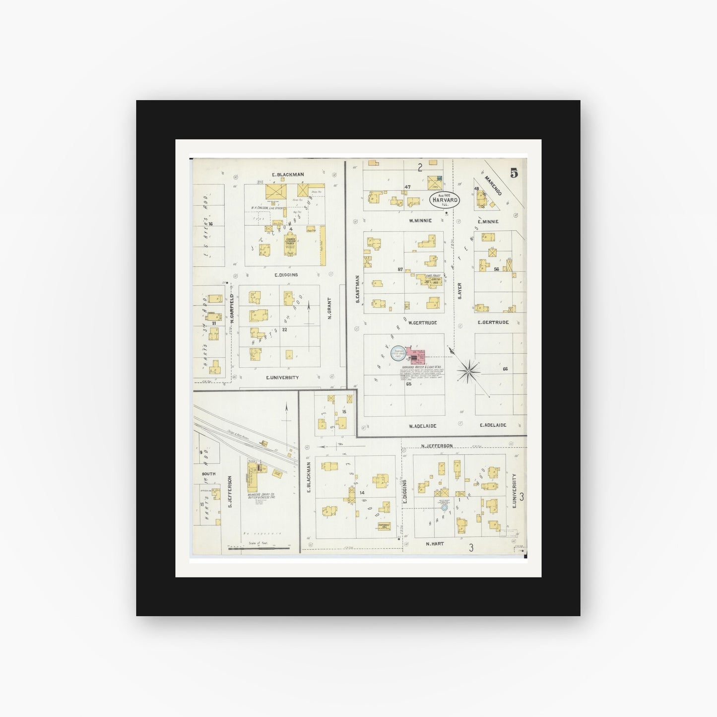 Old map wall art mockup — black gallery frame with white mat — Sanborn Fire Insurance Map from Harvard, McHenry County, Illinois (1902), Sheet #0005