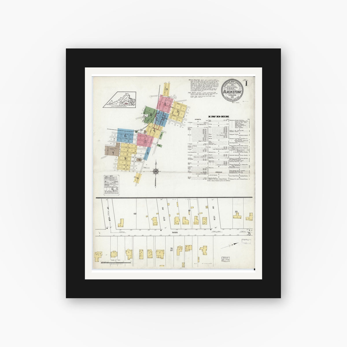 Old map wall art mockup — black gallery frame with white mat — Sanborn Fire Insurance Map from Blackstone, Nottoway County, Virginia (1919) - Complete Map Set