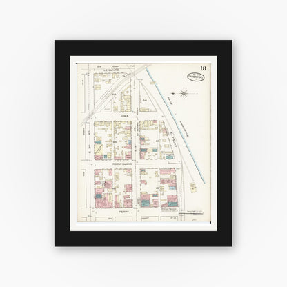 Old map wall art mockup — black gallery frame with white mat — Sanborn Fire Insurance Map from Davenport, Scott County, Iowa (1886), Sheet #0018