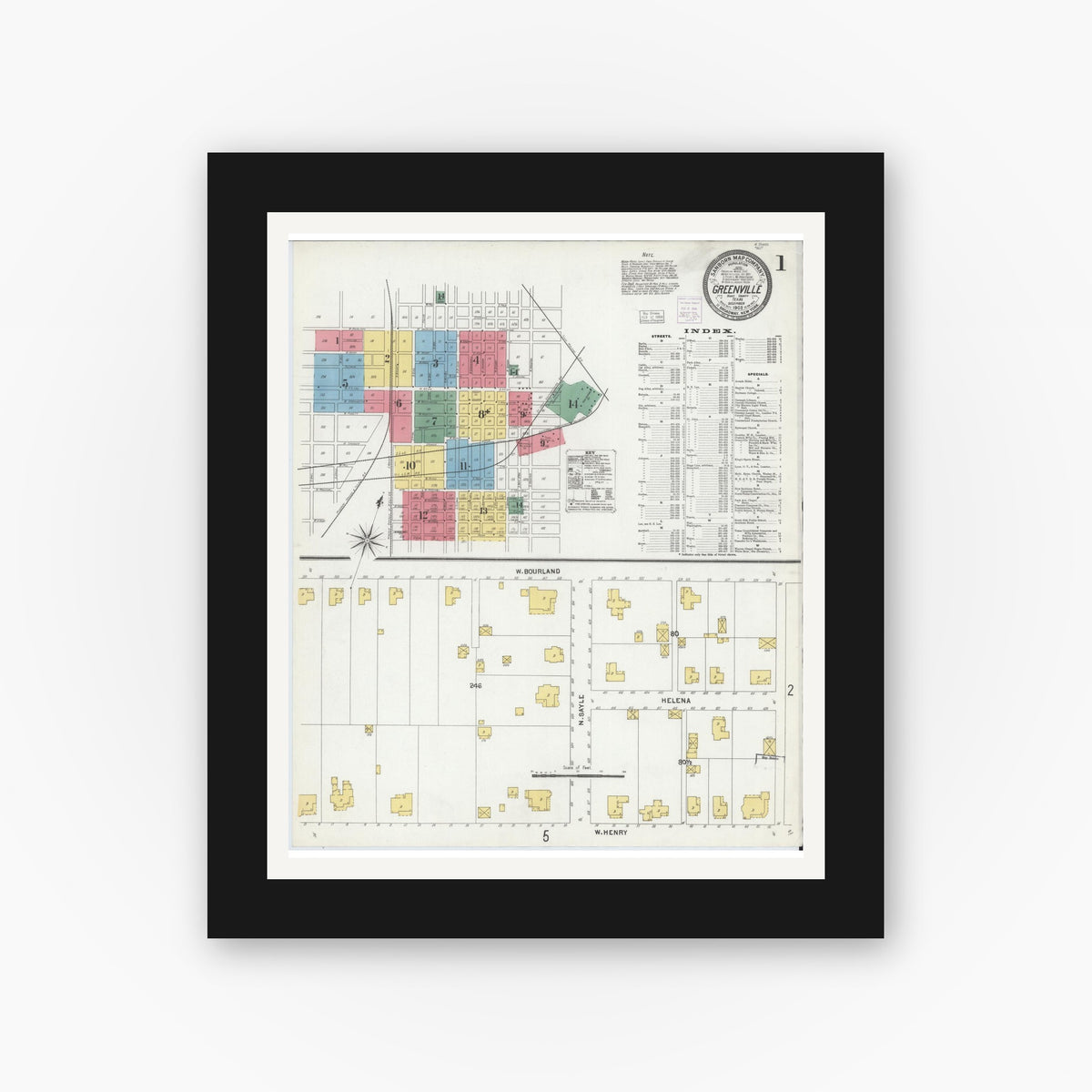 Old map wall art mockup — black gallery frame with white mat — Sanborn Fire Insurance Map from Greenville, Hunt County, Texas (1903) - Complete Map Set