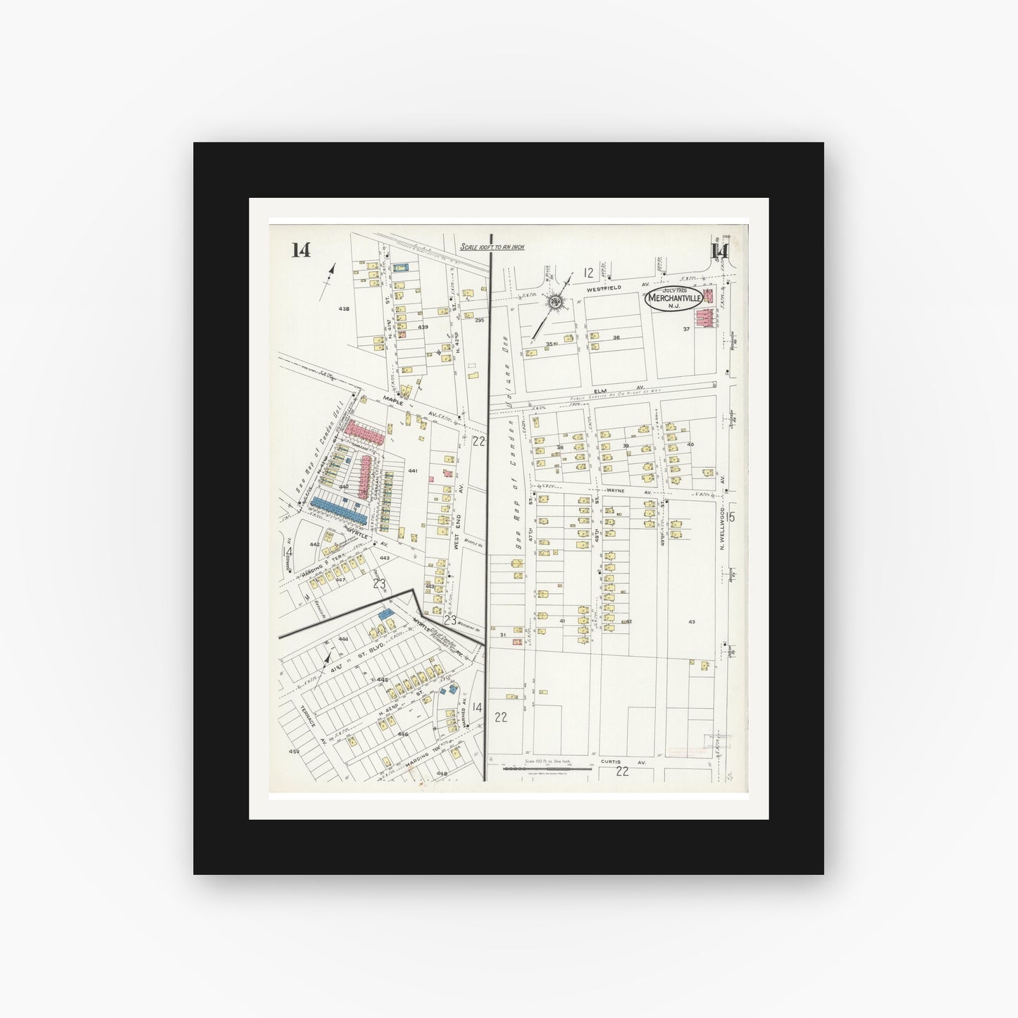 Old map wall art mockup — black gallery frame with white mat — Sanborn Fire Insurance Map from Merchantville, Camden County, New Jersey (1925), Sheet #0014