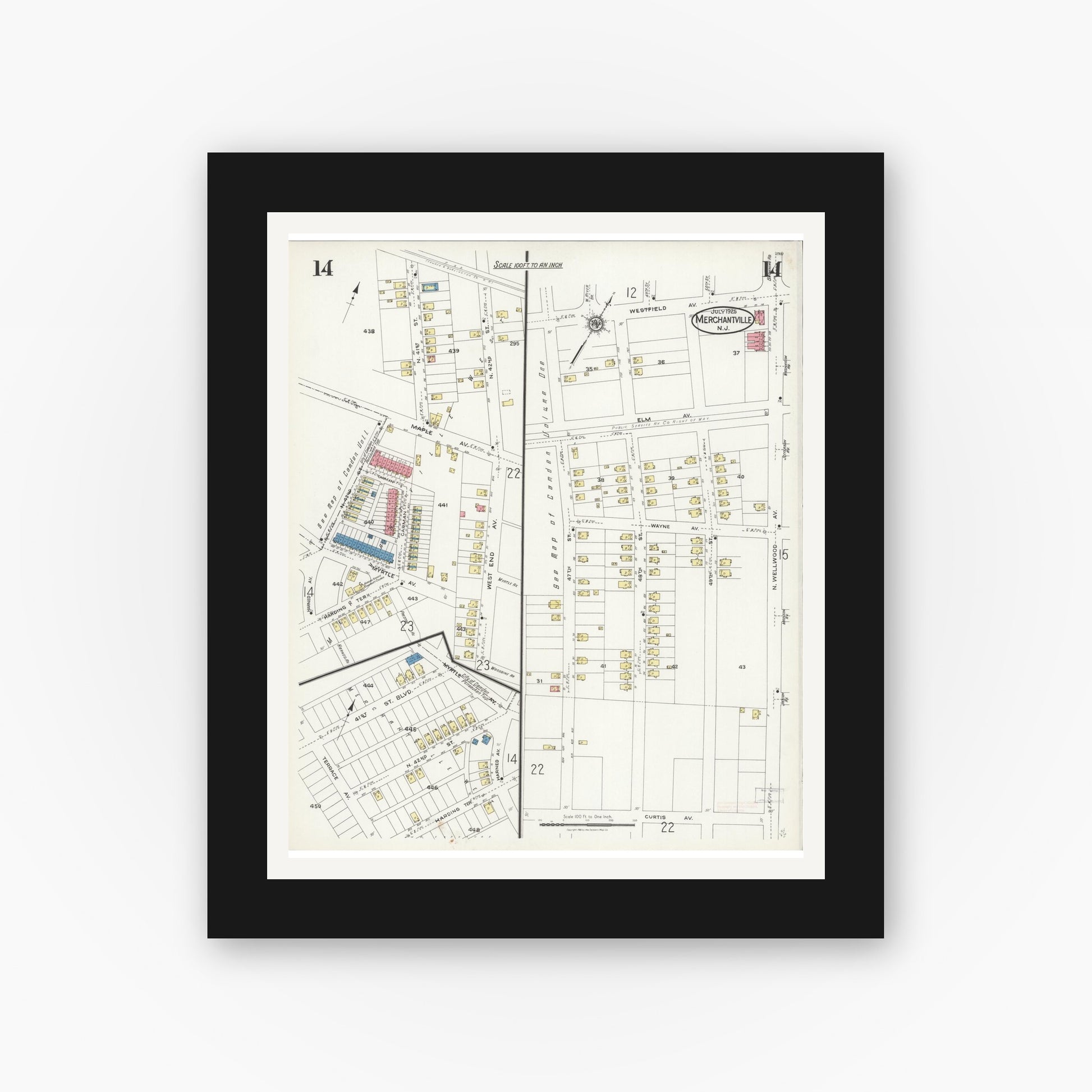Old map wall art mockup — black gallery frame with white mat — Sanborn Fire Insurance Map from Merchantville, Camden County, New Jersey (1925), Sheet #0014