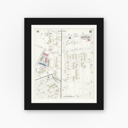 Old map wall art mockup — black gallery frame with white mat — Sanborn Fire Insurance Map from Merchantville, Camden County, New Jersey (1925), Sheet #0014