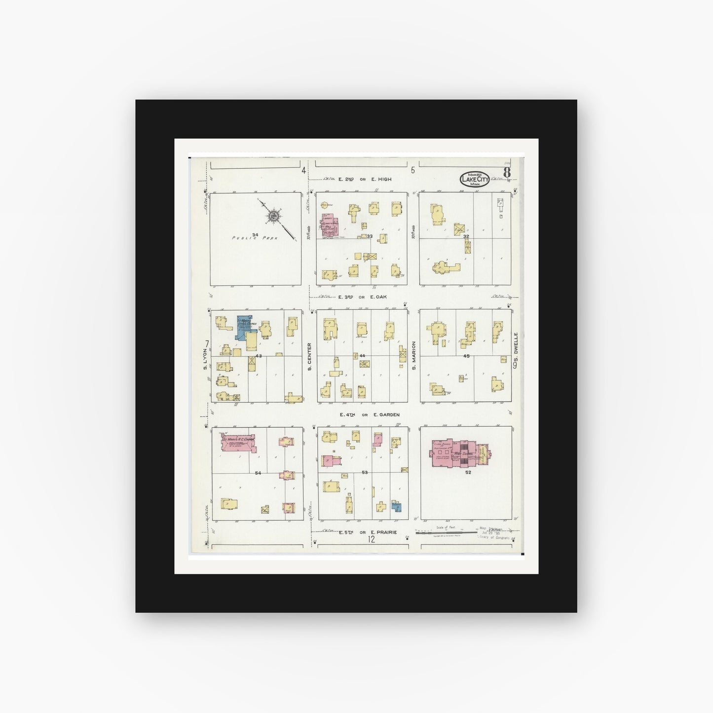 Old map wall art mockup — black gallery frame with white mat — Sanborn Fire Insurance Map from Lake City, Wabasha County, Minnesota (1921), Sheet #0008