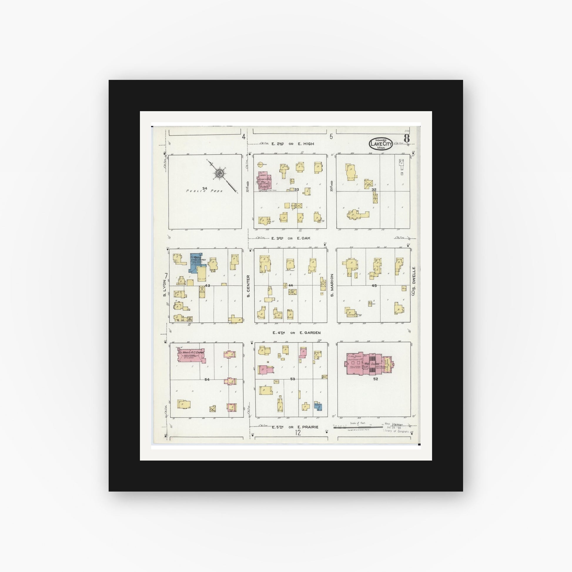 Old map wall art mockup — black gallery frame with white mat — Sanborn Fire Insurance Map from Lake City, Wabasha County, Minnesota (1921), Sheet #0008
