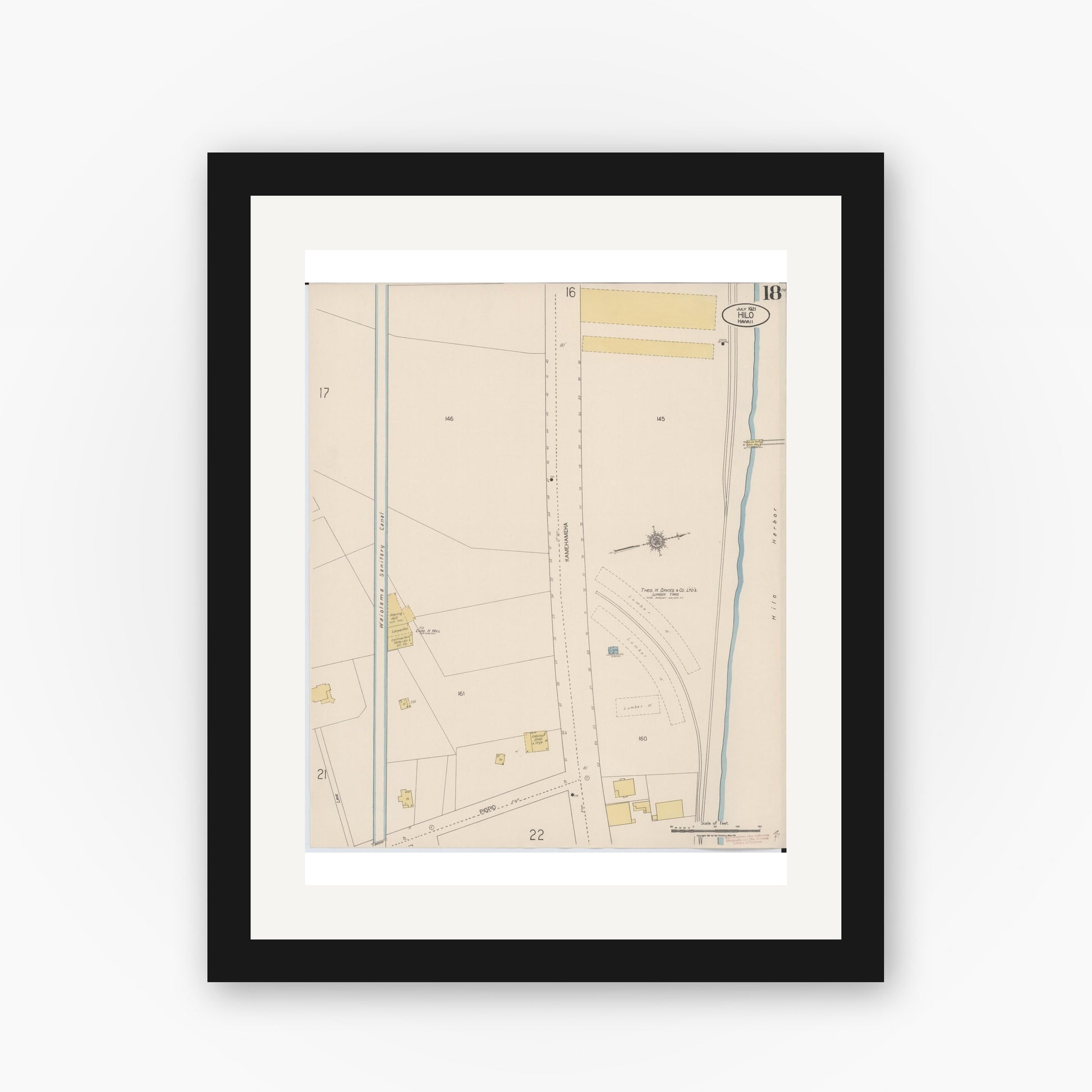 Old map wall art mockup — black gallery frame with white mat — Sanborn Fire Insurance Map from Hilo, Hawaii County, Hawaii (1921), Sheet #0018