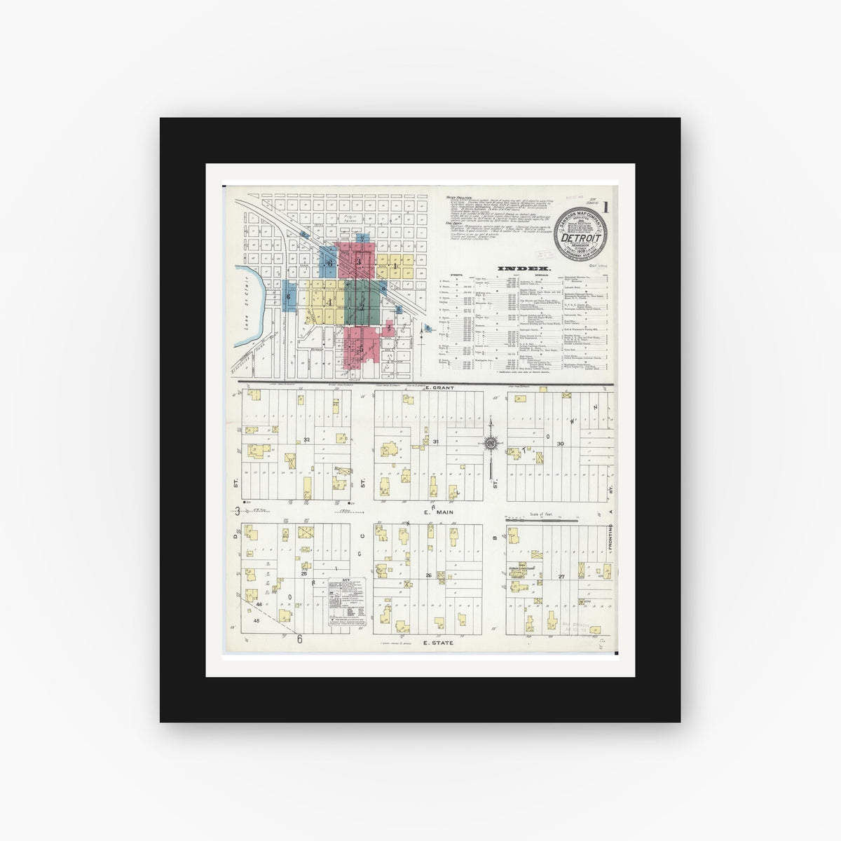 Old map wall art mockup — black gallery frame with white mat — Sanborn Fire Insurance Map from Detroit Lakes, Becker County, Minnesota (1909) - Complete Map Set