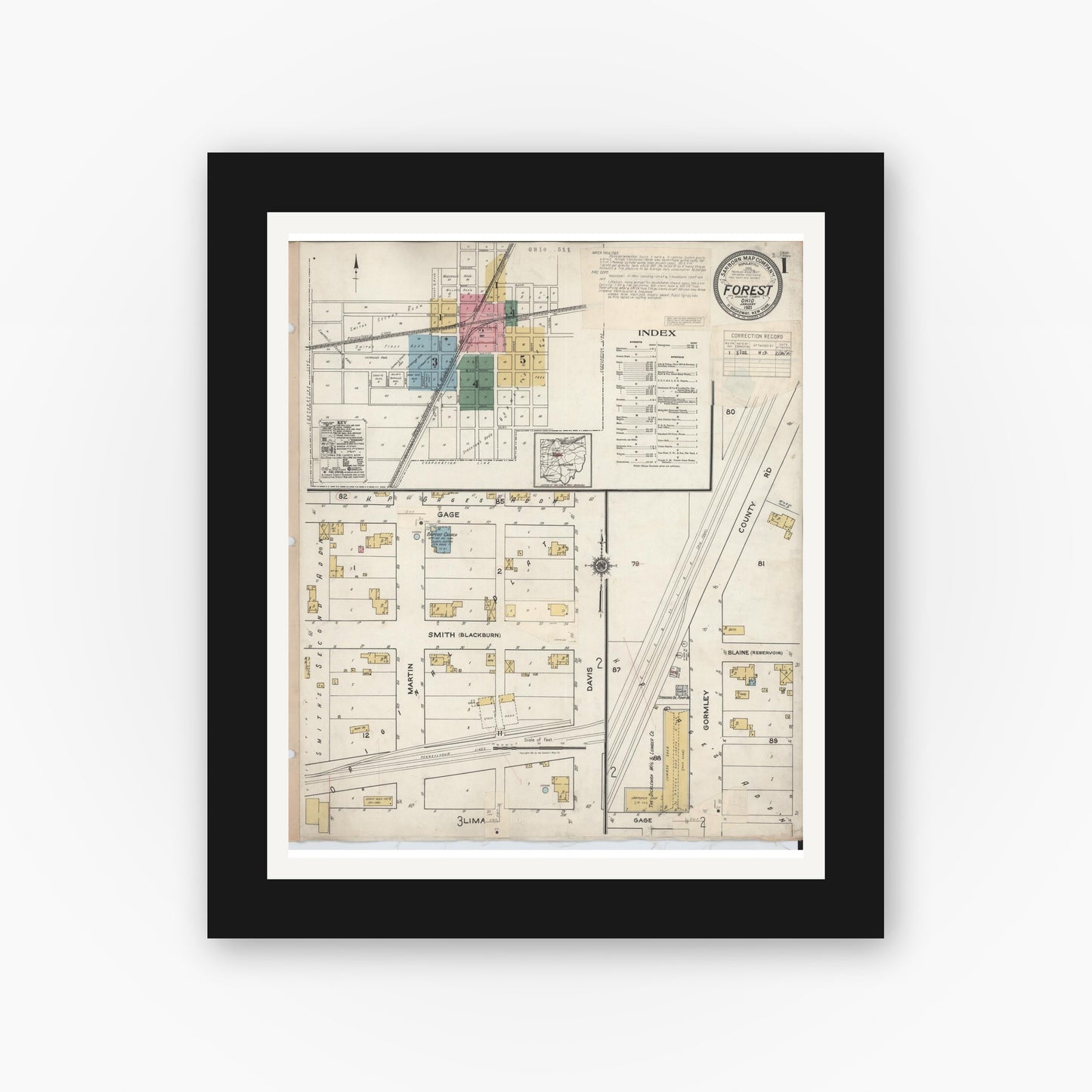 Old map wall art mockup — black gallery frame with white mat — Sanborn Fire Insurance Map from Forest, Hardin County, Ohio (1932) - Complete Map Set