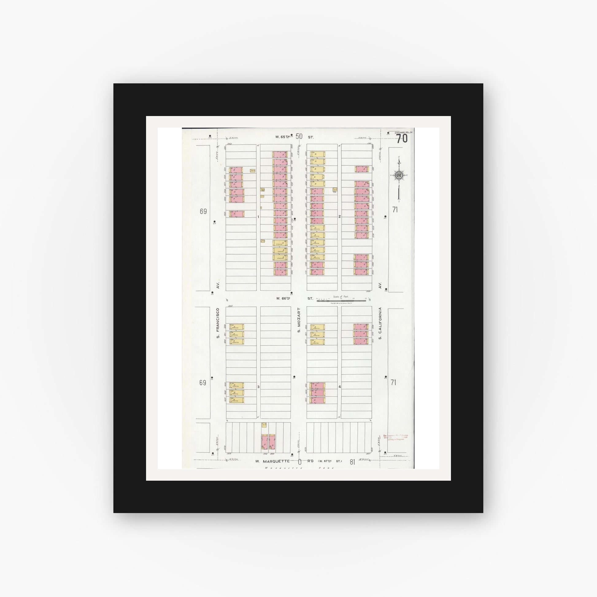 Old map wall art mockup — black gallery frame with white mat — Sanborn Fire Insurance Map from Chicago, Cook County, Illinois (1920), Sheet #0070