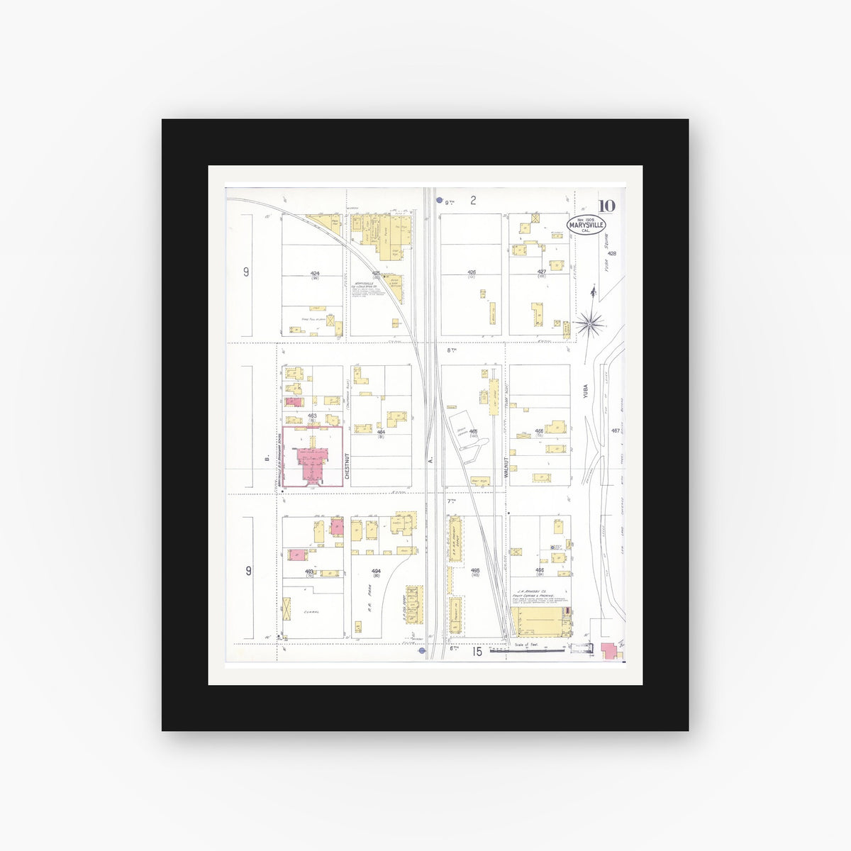 Old map wall art mockup — black gallery frame with white mat — Sanborn Fire Insurance Map from Marysville, Yuba County, California (1909), Sheet #0010