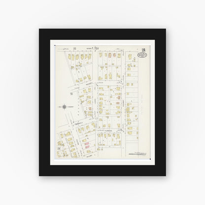 Old map wall art mockup — black gallery frame with white mat — Sanborn Fire Insurance Map from Mankato, Blue Earth County, Minnesota (1914), Sheet #0021