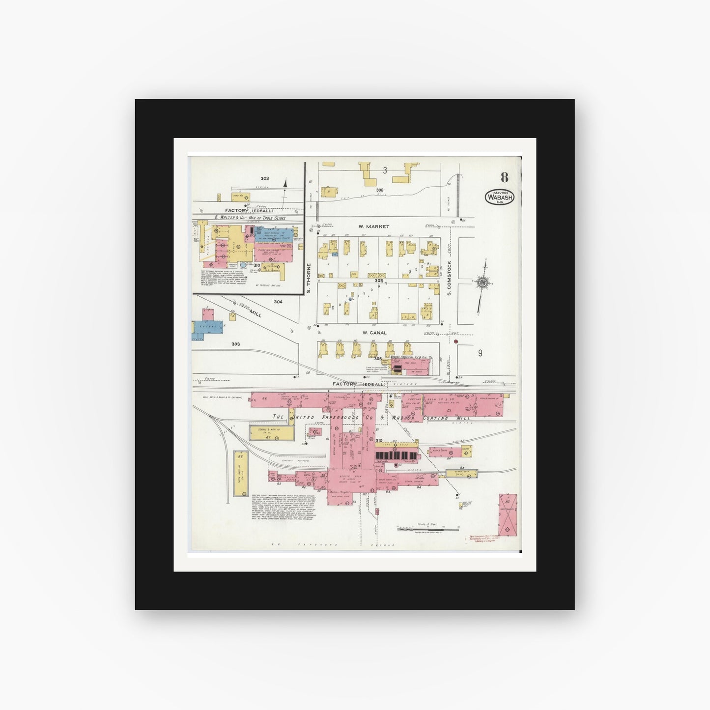 Old map wall art mockup — black gallery frame with white mat — Sanborn Fire Insurance Map from Wabash, Wabash County, Indiana (1920), Sheet #0008