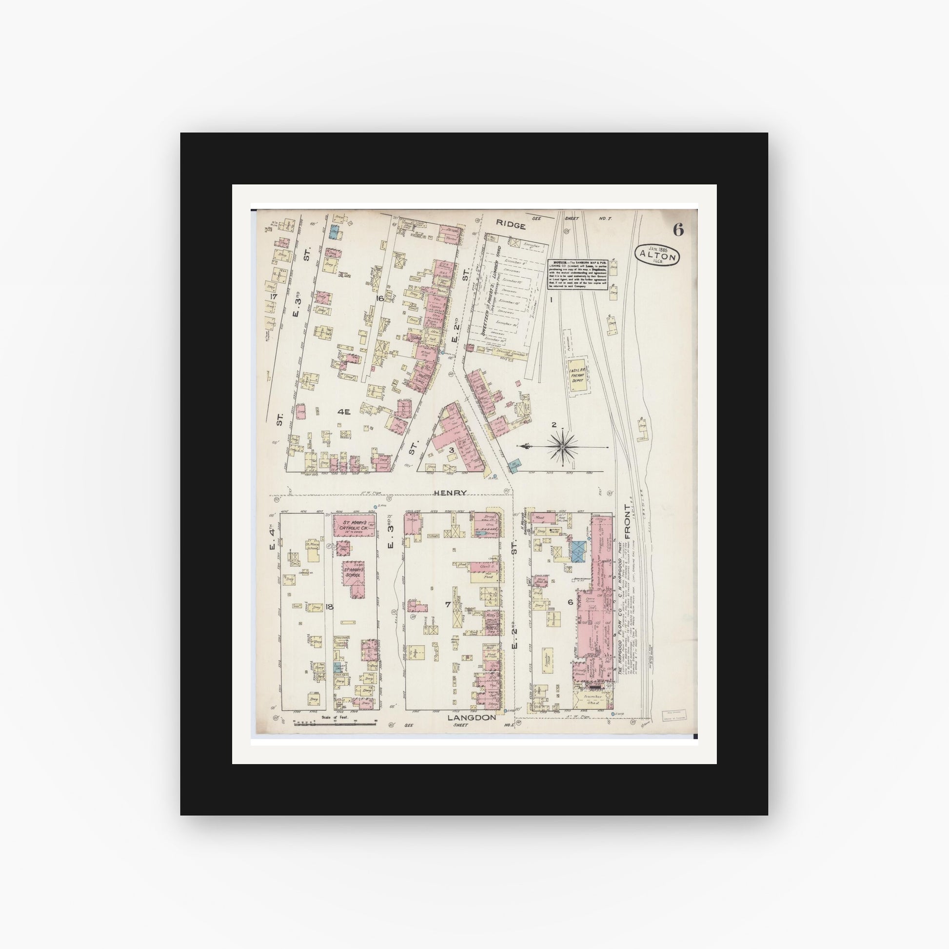 Old map wall art mockup — black gallery frame with white mat — Sanborn Fire Insurance Map from Alton, Madison County, Illinois (1885), Sheet #0006