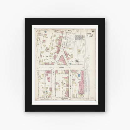 Old map wall art mockup — black gallery frame with white mat — Sanborn Fire Insurance Map from Alton, Madison County, Illinois (1885), Sheet #0006