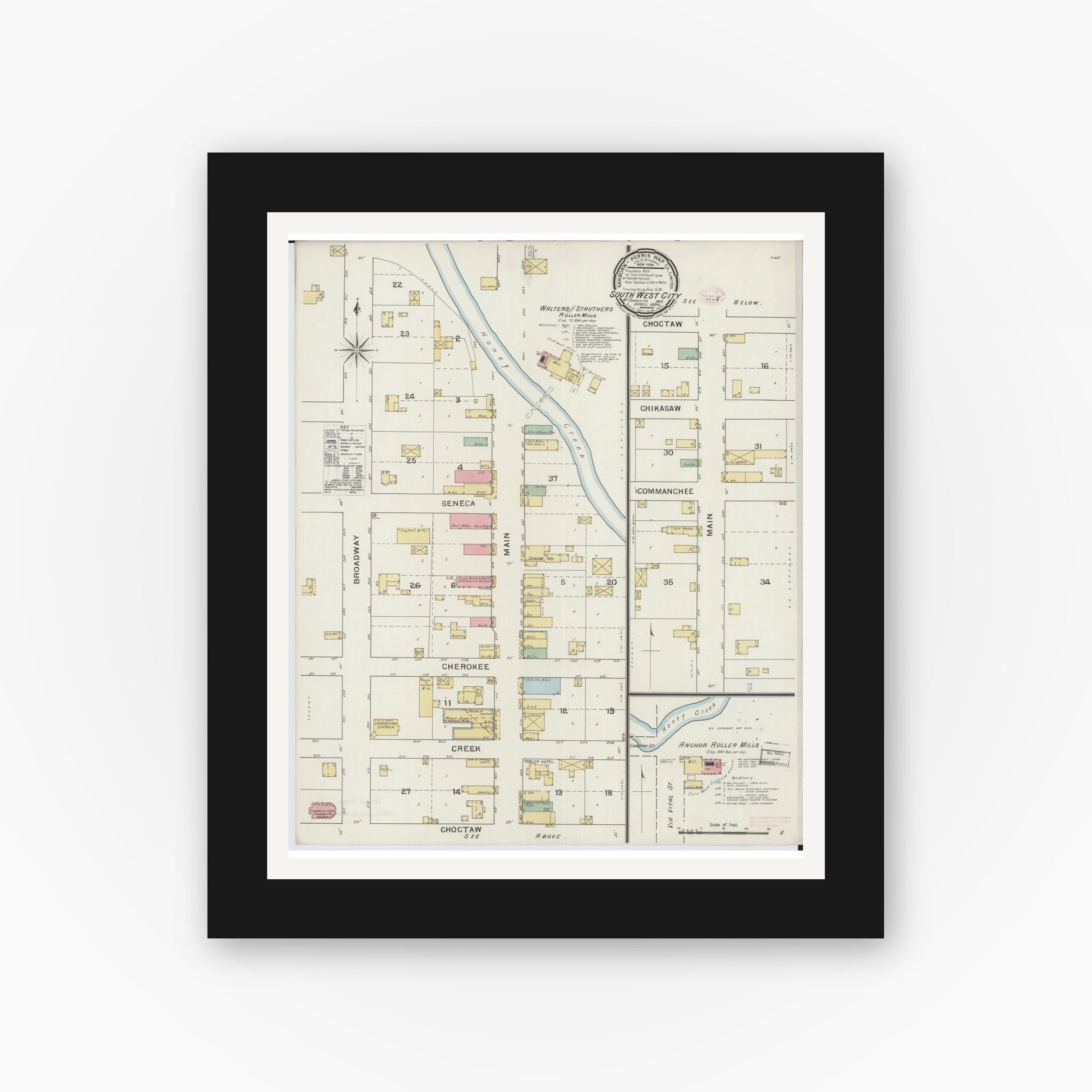 Old map wall art mockup — black gallery frame with white mat — Sanborn Fire Insurance Map from Southwest City, Mcdonald County, Missouri (1894), Sheet #0001