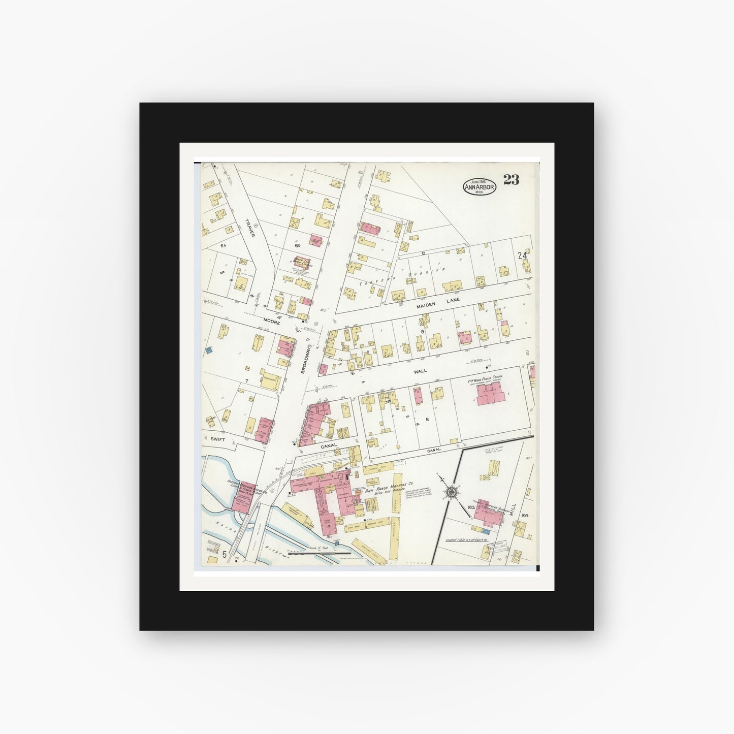 Old map wall art mockup — black gallery frame with white mat — Sanborn Fire Insurance Map from Ann Arbor, Washtenaw County, Michigan (1916), Sheet #0023