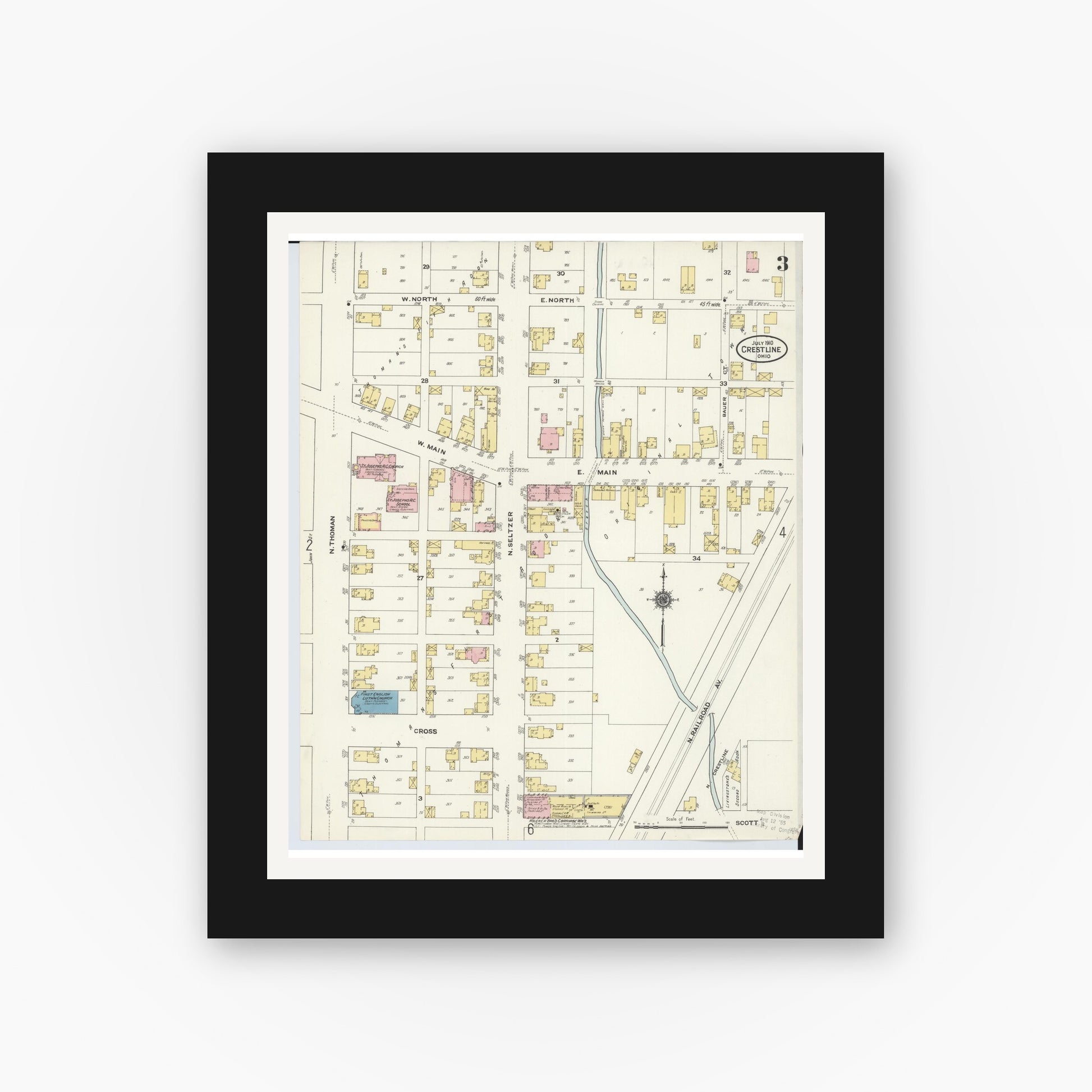 Old map wall art mockup — black gallery frame with white mat — Sanborn Fire Insurance Map from Crestline, Crawford County, Ohio (1910), Sheet #0003