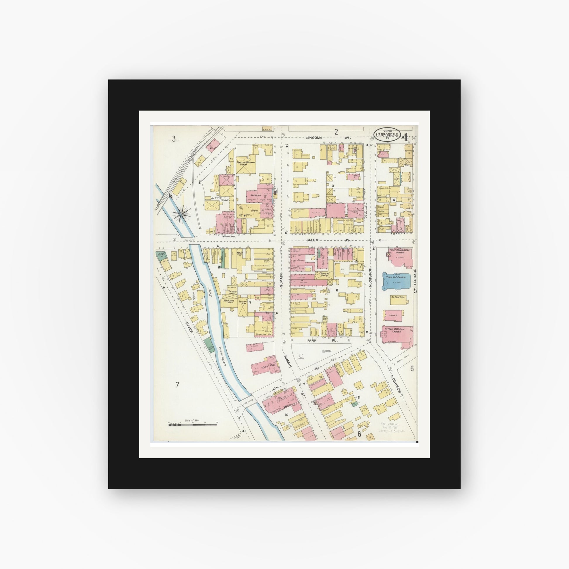 Old map wall art mockup — black gallery frame with white mat — Sanborn Fire Insurance Map from Carbondale, Lackawanna County, Pennsylvania (1903), Sheet #0004