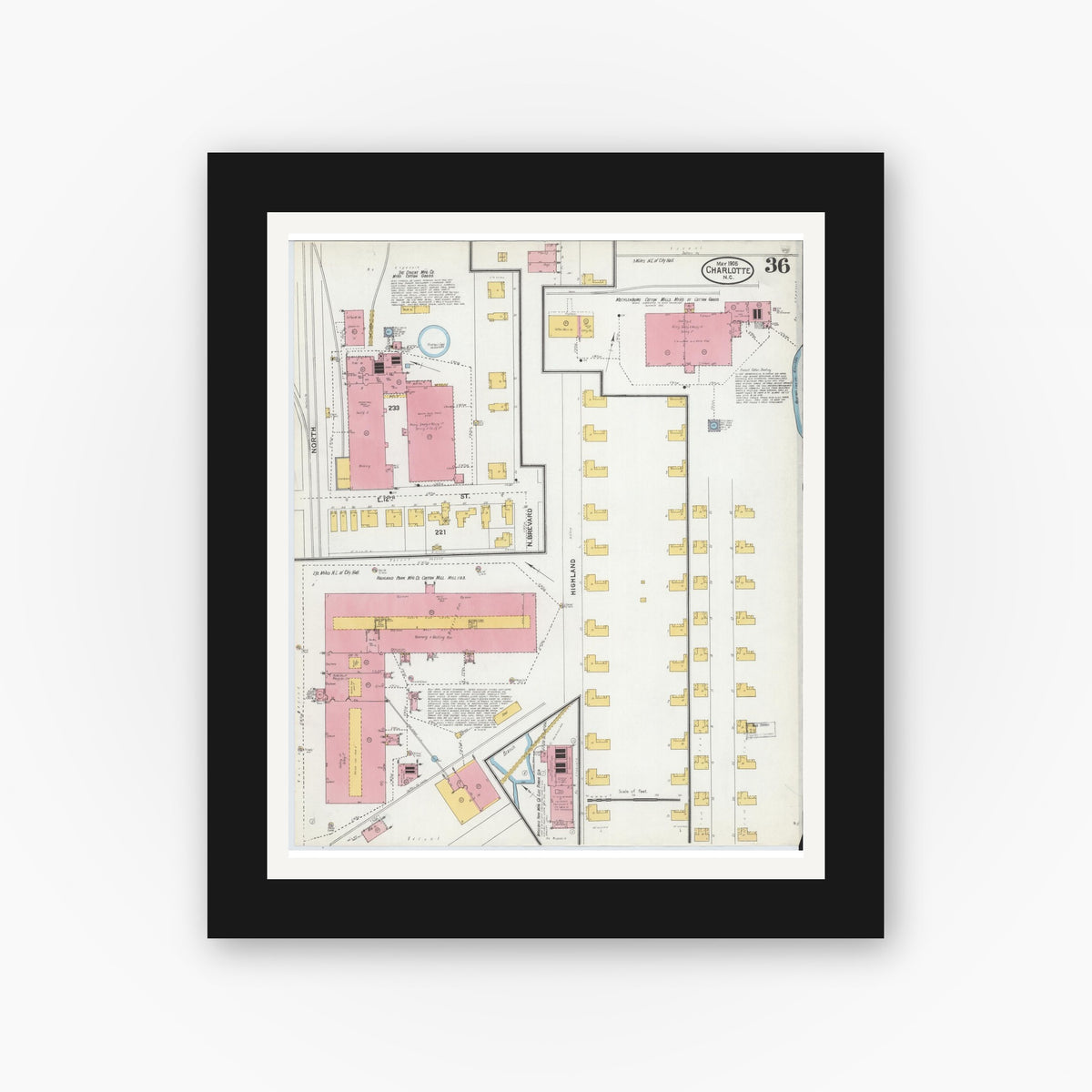 Old map wall art mockup — black gallery frame with white mat — Sanborn Fire Insurance Map from Charlotte, Mecklenburg County, North Carolina (1905), Sheet #0036