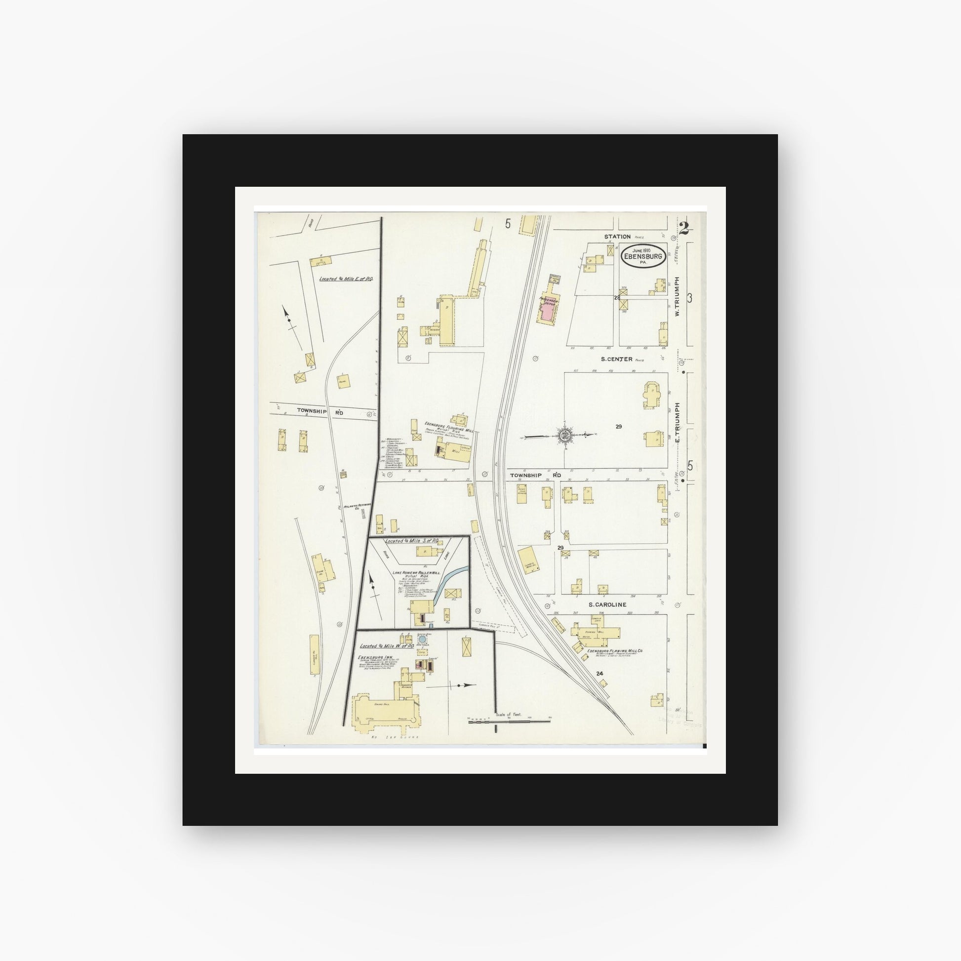 Old map wall art mockup — black gallery frame with white mat — Sanborn Fire Insurance Map from Ebensburg, Cambria County, Pennsylvania (1910), Sheet #0002
