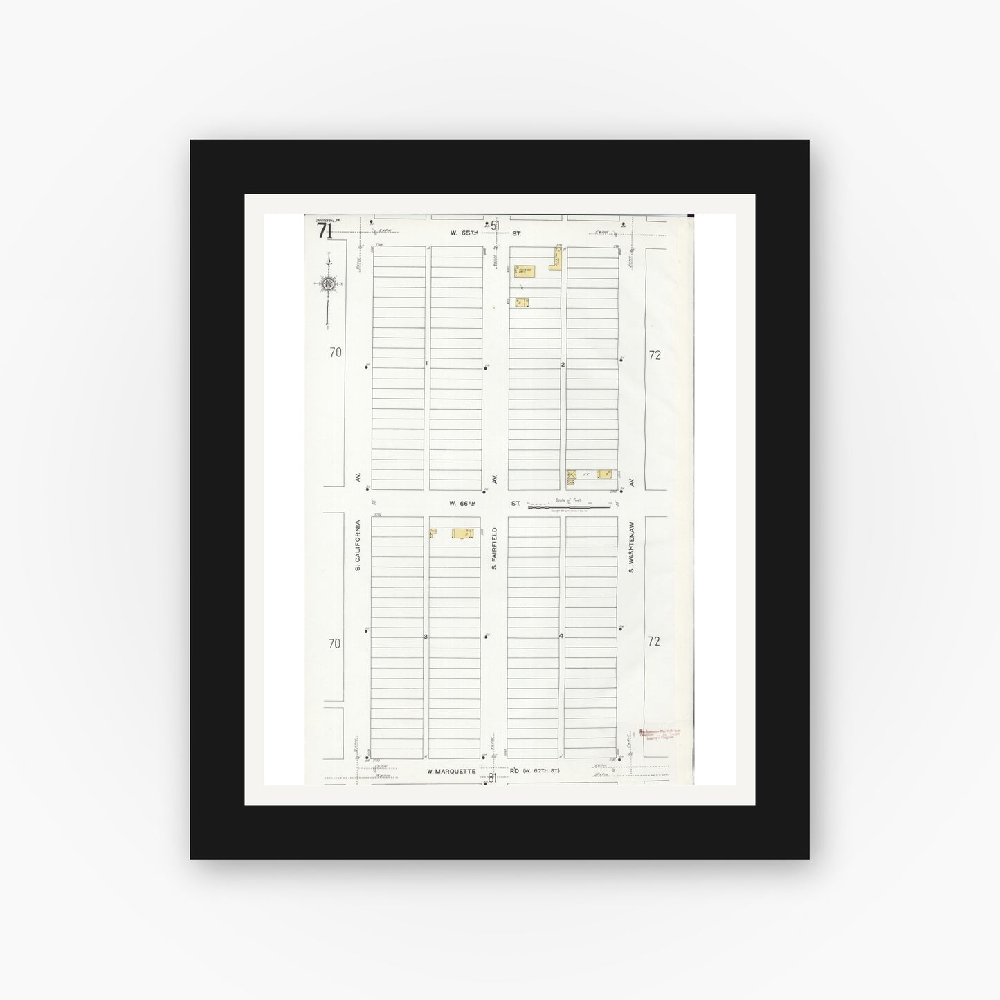 Old map wall art mockup — black gallery frame with white mat — Sanborn Fire Insurance Map from Chicago, Cook County, Illinois (1920), Sheet #0071