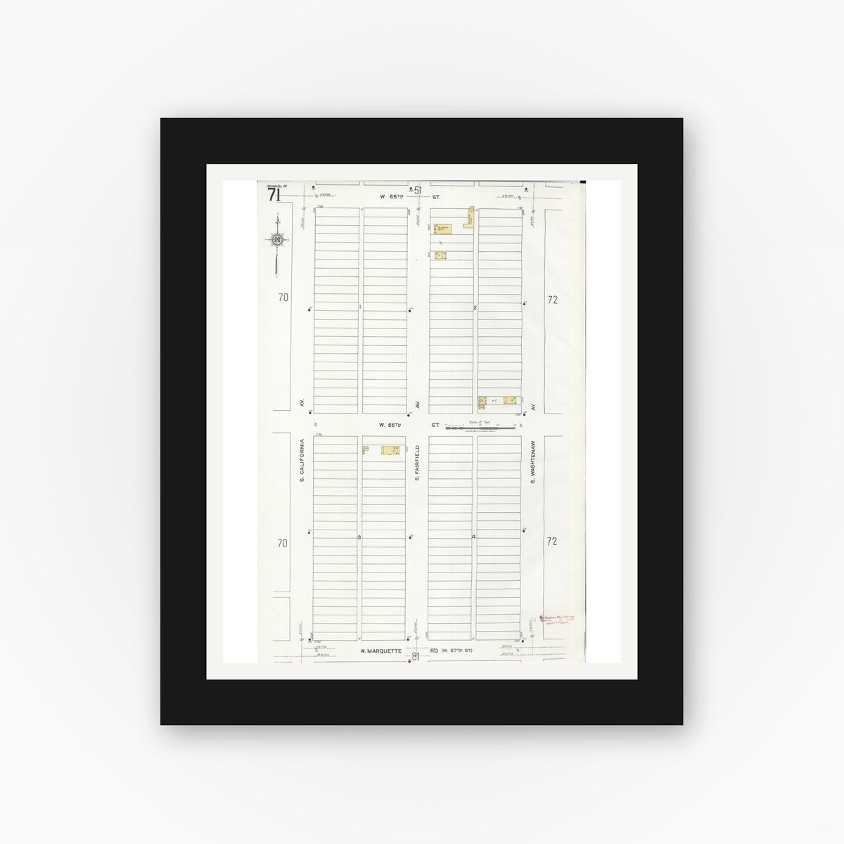 Old map wall art mockup — black gallery frame with white mat — Sanborn Fire Insurance Map from Chicago, Cook County, Illinois (1920), Sheet #0071