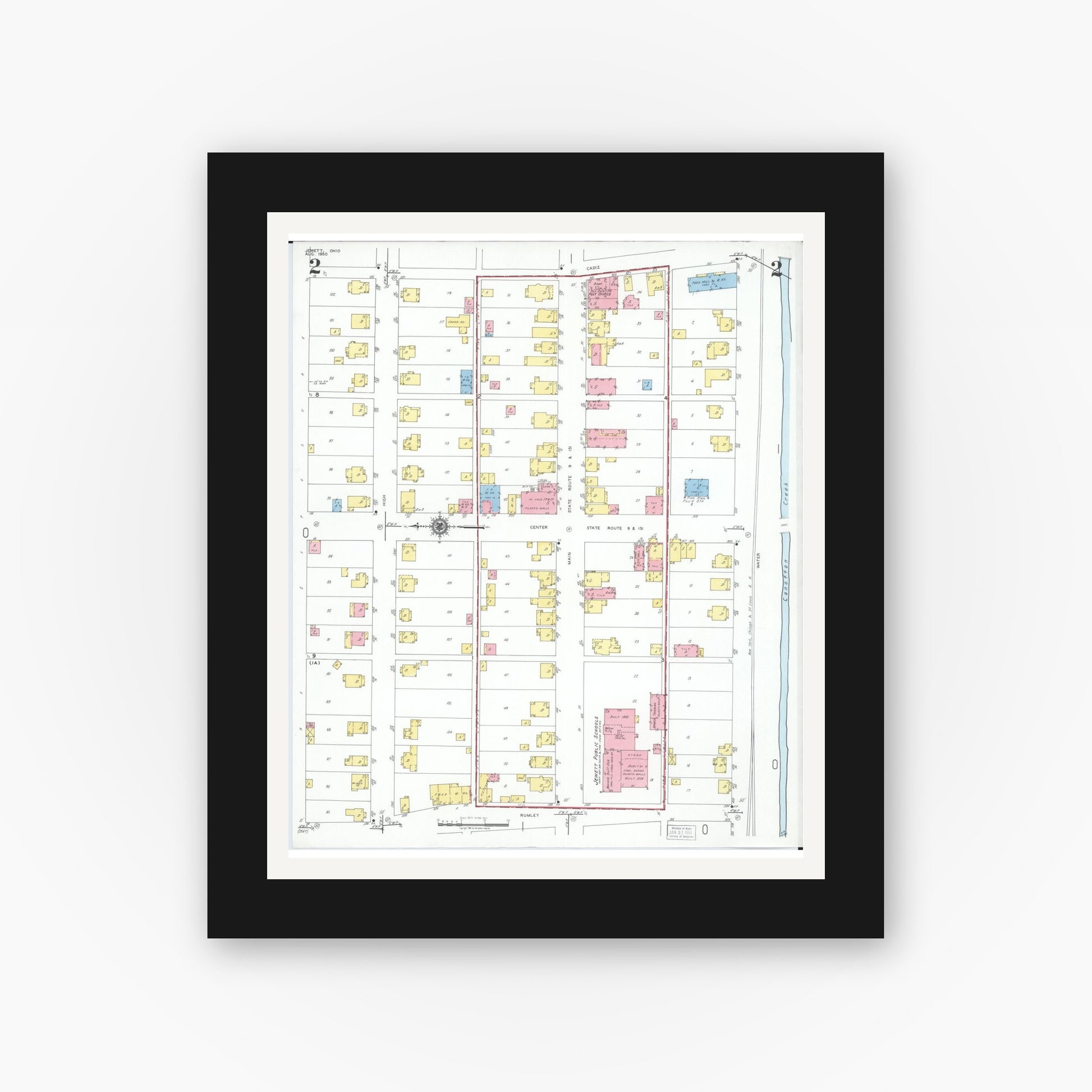 Old map wall art mockup — black gallery frame with white mat — Sanborn Fire Insurance Map from Jewett, Harrison County, Ohio (1950), Sheet #0002