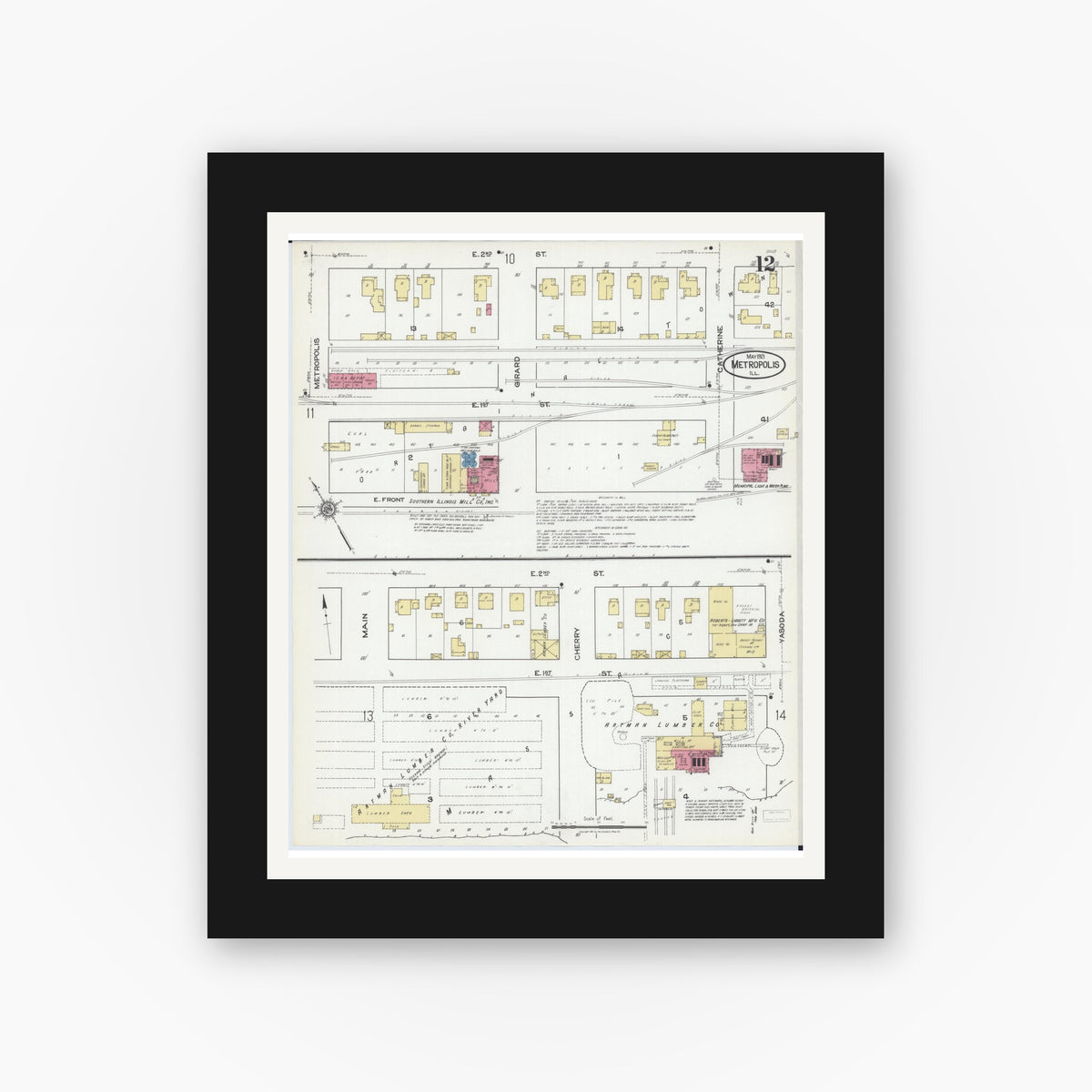 Old map wall art mockup — black gallery frame with white mat — Sanborn Fire Insurance Map from Metropolis, Massac County, Illinois (1921), Sheet #0012