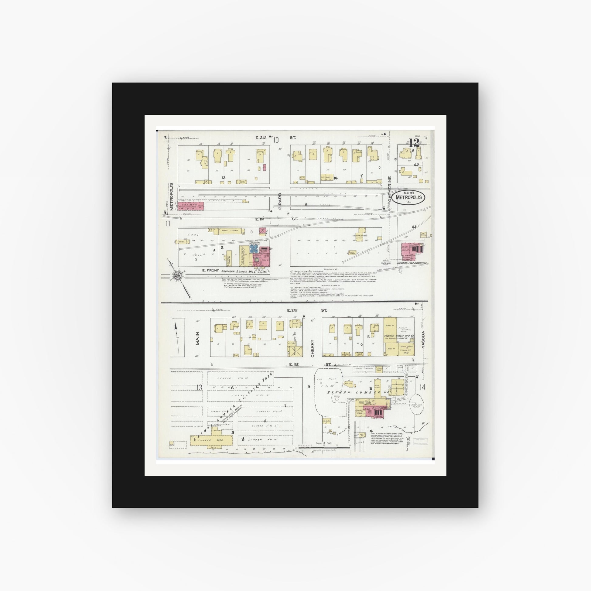 Old map wall art mockup — black gallery frame with white mat — Sanborn Fire Insurance Map from Metropolis, Massac County, Illinois (1921), Sheet #0012