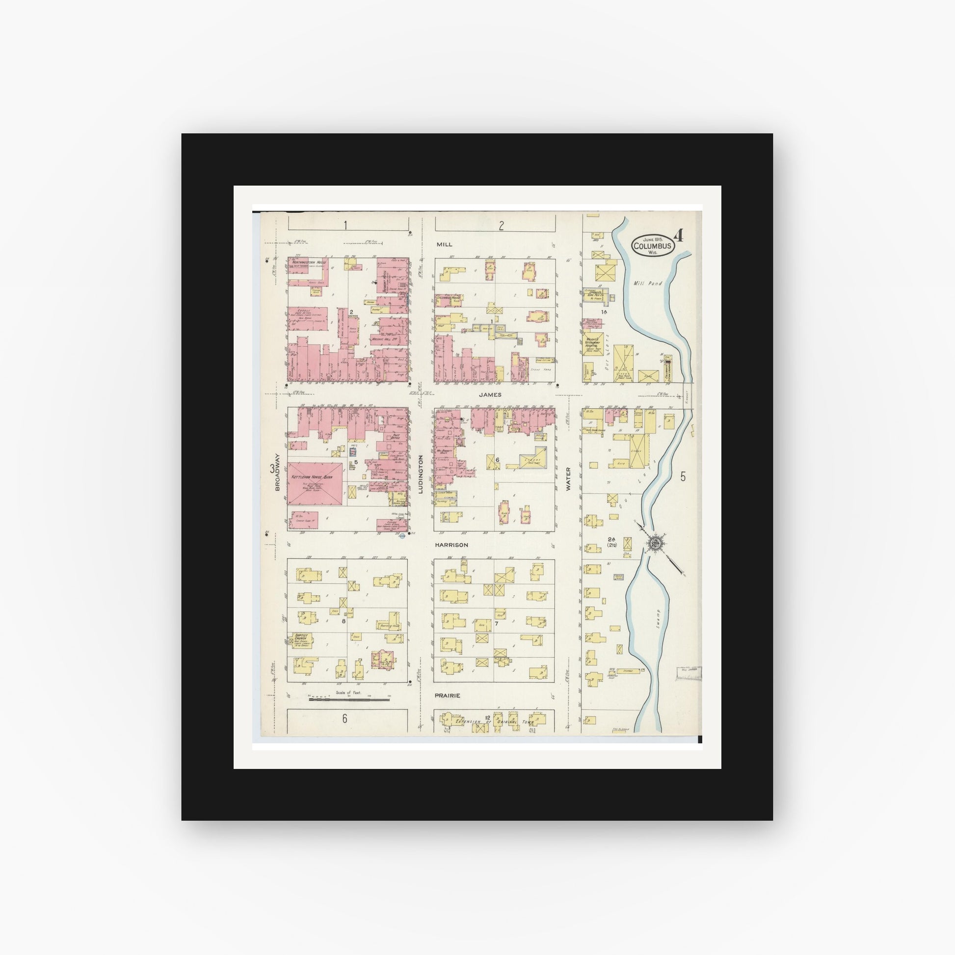 Old map wall art mockup — black gallery frame with white mat — Sanborn Fire Insurance Map from Columbus, Columbia and Dodge County, Wisconsin (1915), Sheet #0004