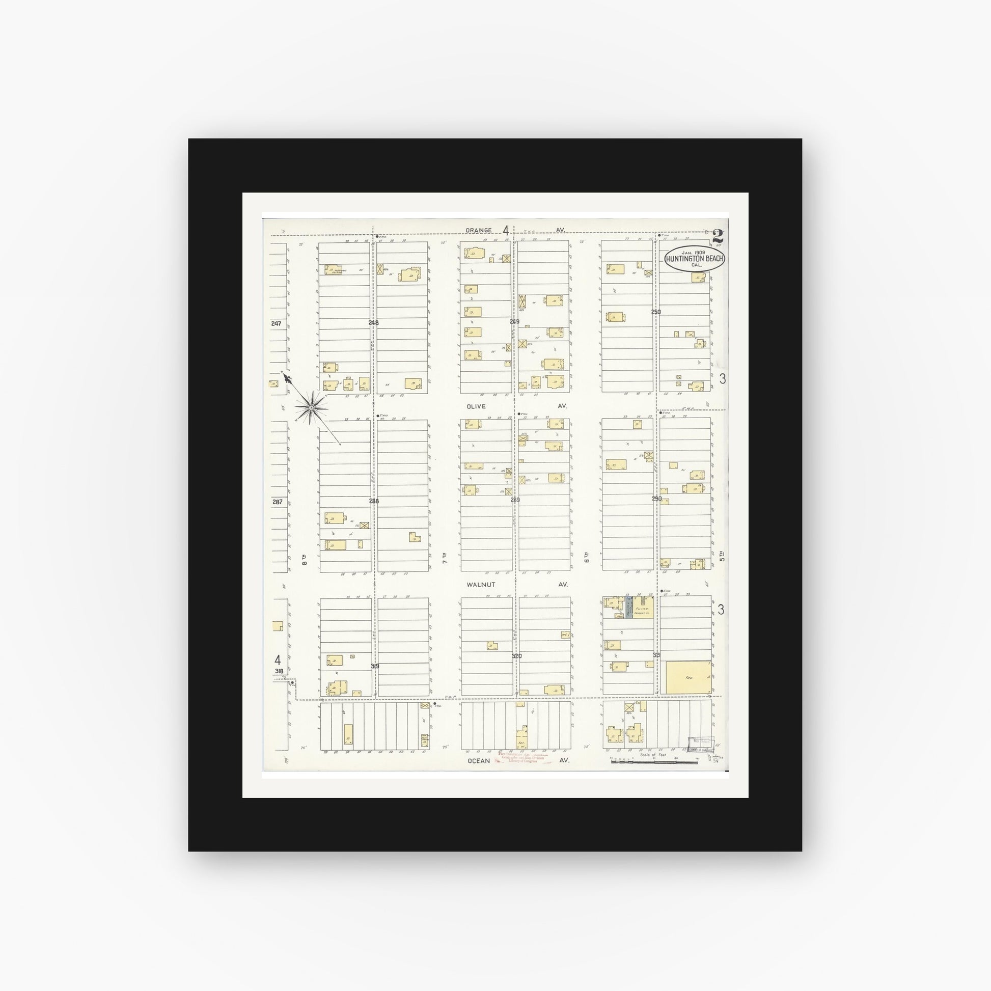 Old map wall art mockup — black gallery frame with white mat — Sanborn Fire Insurance Map from Huntington Beach, Orange County, California (1909), Sheet #0002