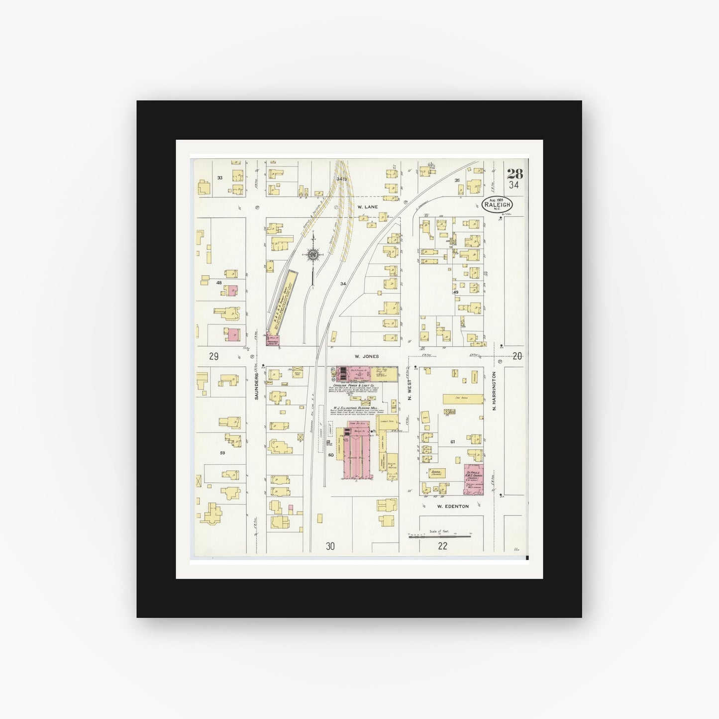 Old map wall art mockup — black gallery frame with white mat — Sanborn Fire Insurance Map from Raleigh, Wake County, North Carolina (1909), Sheet #0028