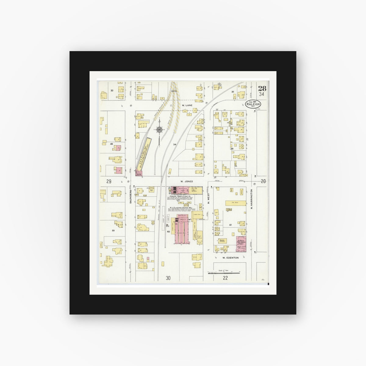 Old map wall art mockup — black gallery frame with white mat — Sanborn Fire Insurance Map from Raleigh, Wake County, North Carolina (1909), Sheet #0028