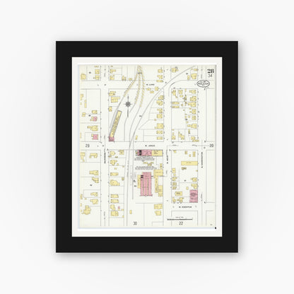 Old map wall art mockup — black gallery frame with white mat — Sanborn Fire Insurance Map from Raleigh, Wake County, North Carolina (1909), Sheet #0028