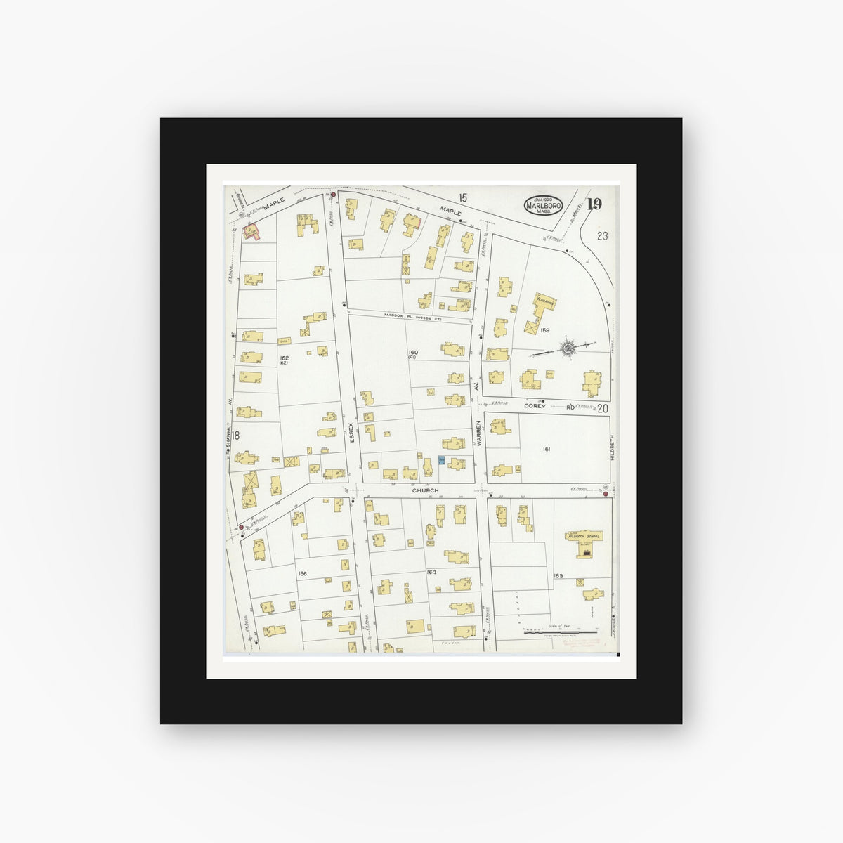 Old map wall art mockup — black gallery frame with white mat — Sanborn Fire Insurance Map from Marlborough, Middlesex County, Massachusetts (1920), Sheet #0019