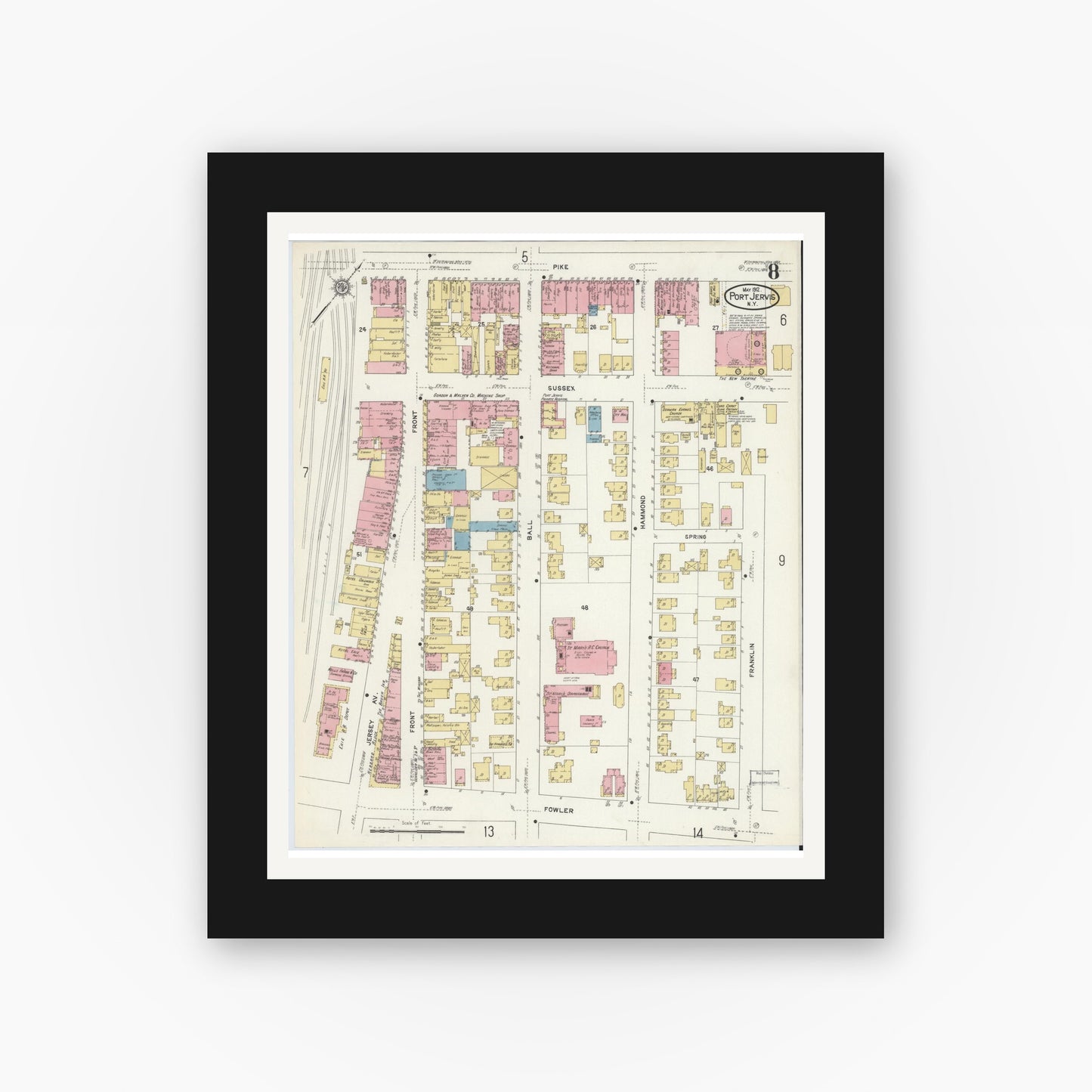 Old map wall art mockup — black gallery frame with white mat — Sanborn Fire Insurance Map from Port Jervis, Orange County, New York (1912), Sheet #0008