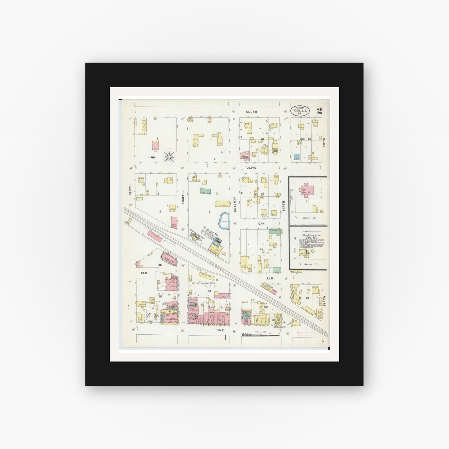 Old map wall art mockup — black gallery frame with white mat — Sanborn Fire Insurance Map from Rolla, Phelps County, Missouri (1897), Sheet #0002