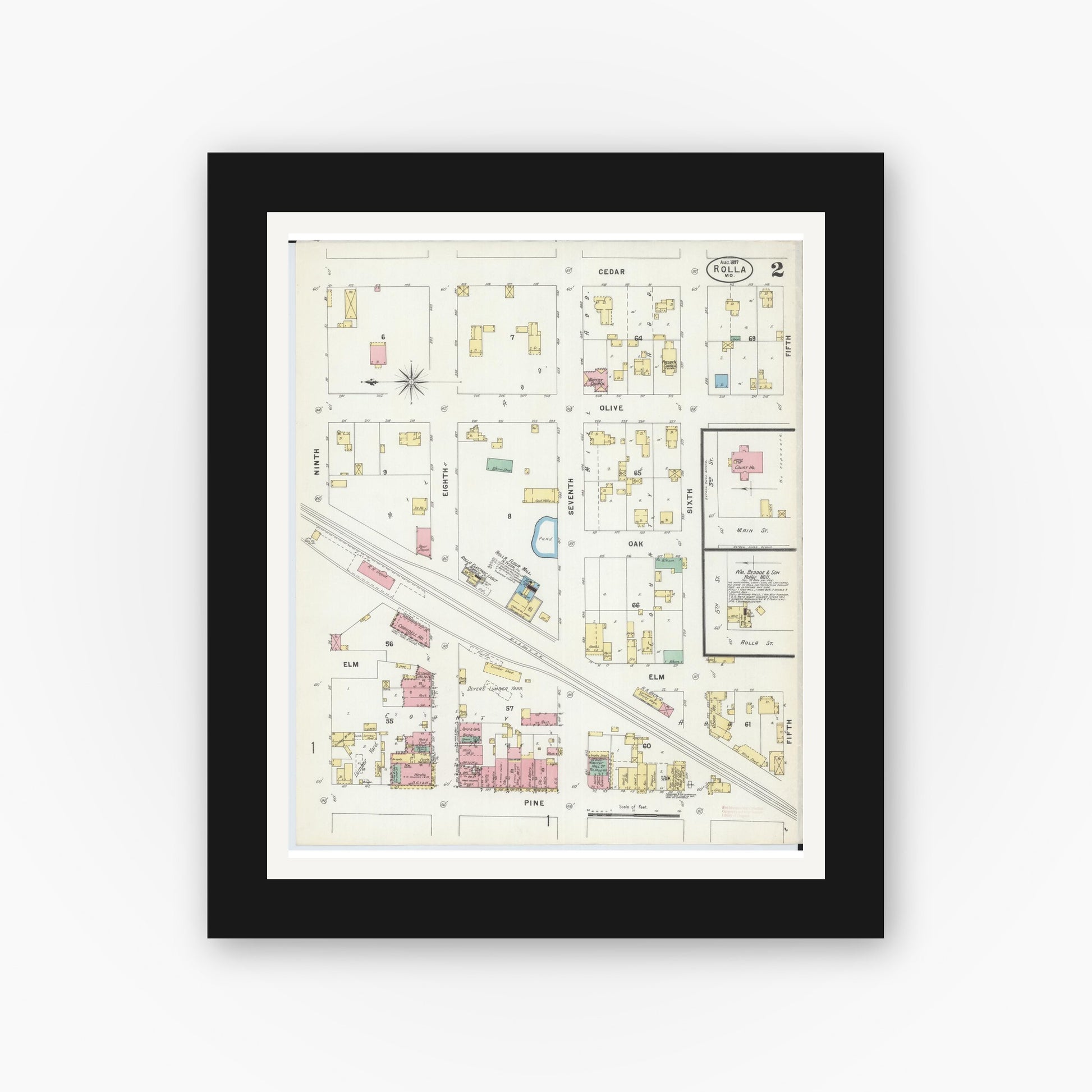 Old map wall art mockup — black gallery frame with white mat — Sanborn Fire Insurance Map from Rolla, Phelps County, Missouri (1897), Sheet #0002