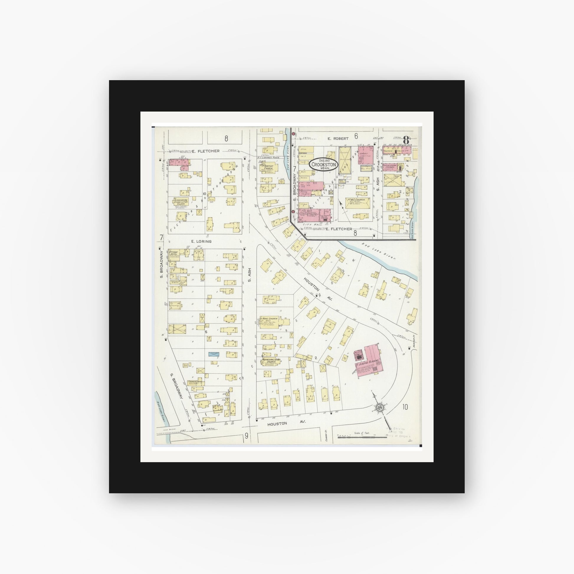 Old map wall art mockup — black gallery frame with white mat — Sanborn Fire Insurance Map from Crookston, Polk County, Minnesota (1913), Sheet #0008