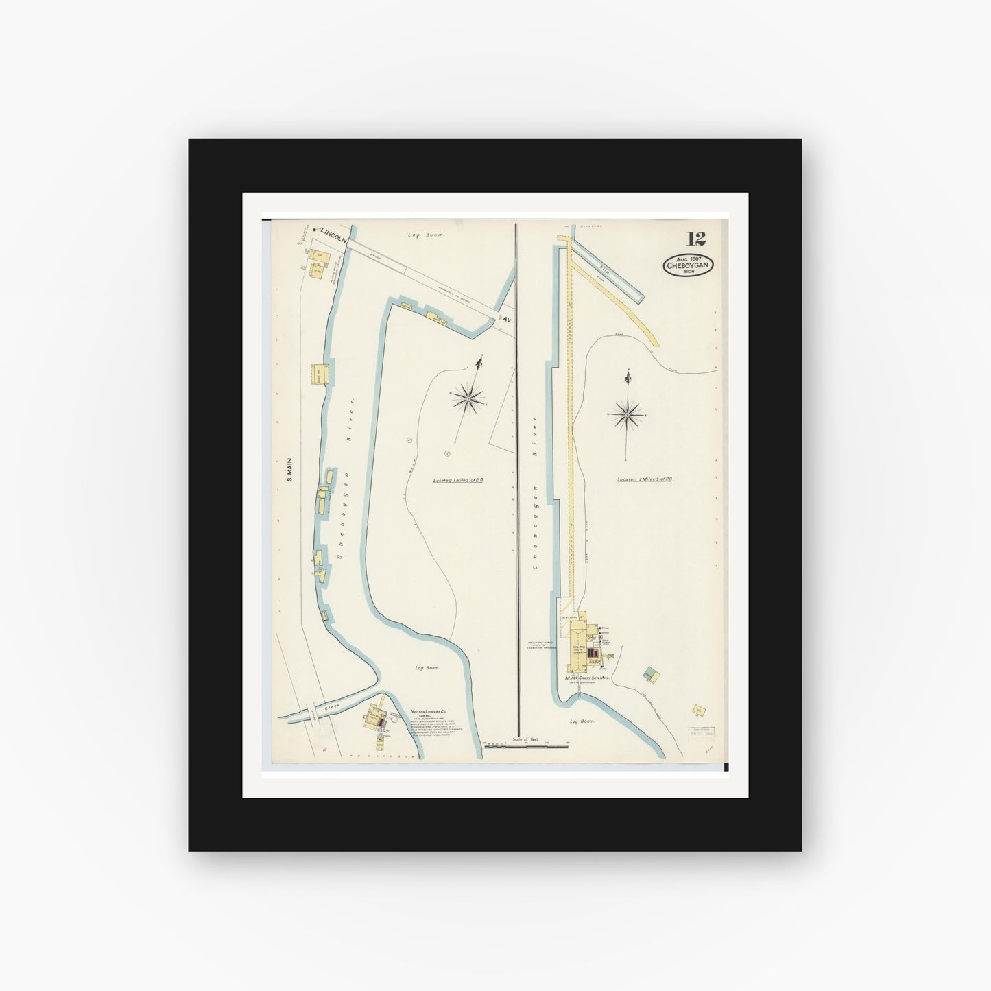 Old map wall art mockup — black gallery frame with white mat — Sanborn Fire Insurance Map from Cheboygan, Cheboygan County, Michigan (1907), Sheet #0012