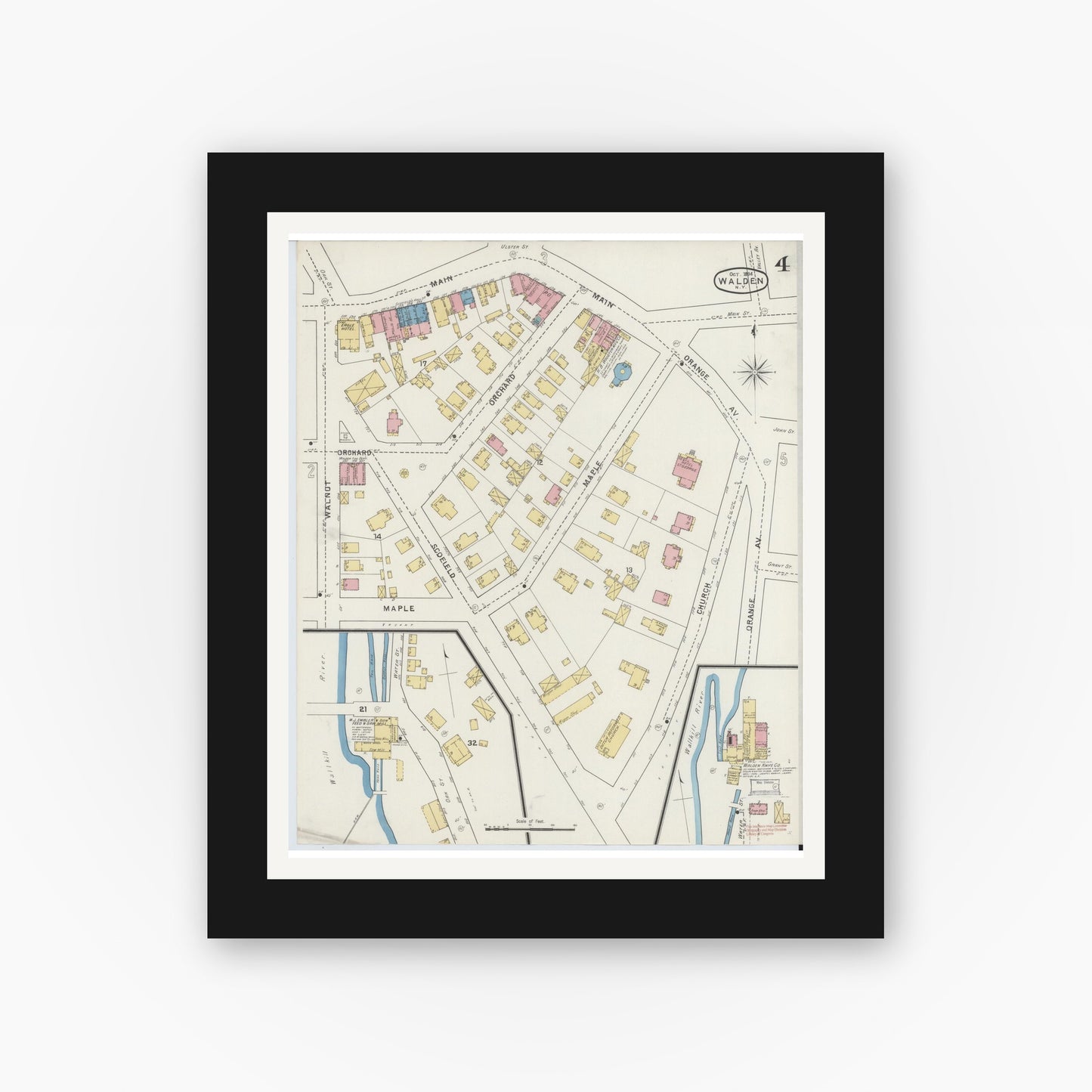 Old map wall art mockup — black gallery frame with white mat — Sanborn Fire Insurance Map from Walden, Orange County, New York (1894), Sheet #0004