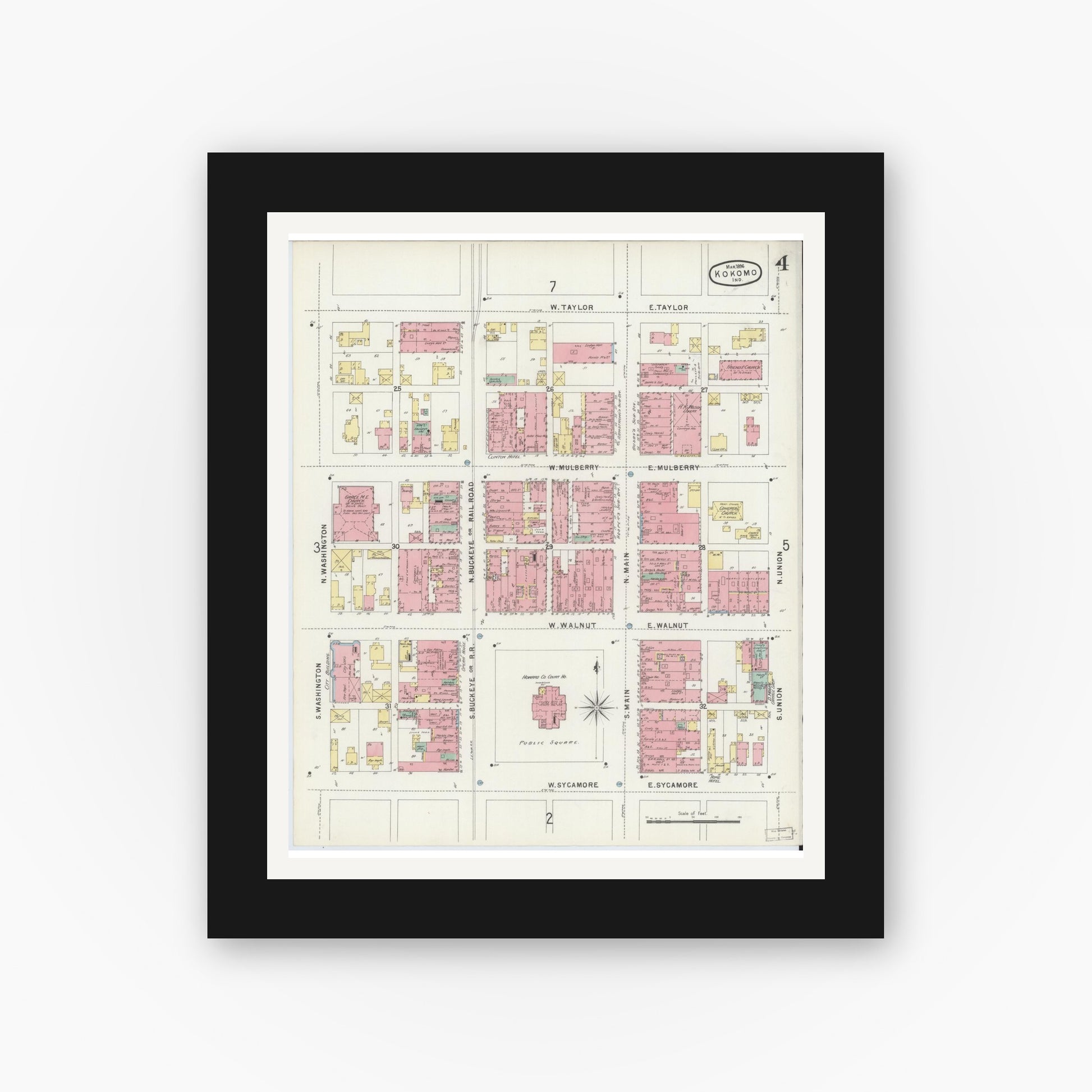 Old map wall art mockup — black gallery frame with white mat — Sanborn Fire Insurance Map from Kokomo, Howard County, Indiana (1896), Sheet #0004