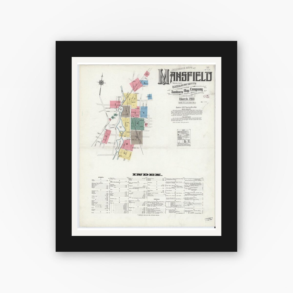 Old map wall art mockup — black gallery frame with white mat — Sanborn Fire Insurance Map from Mansfield, Bristol County, Massachusetts (1911) - Complete Map Set