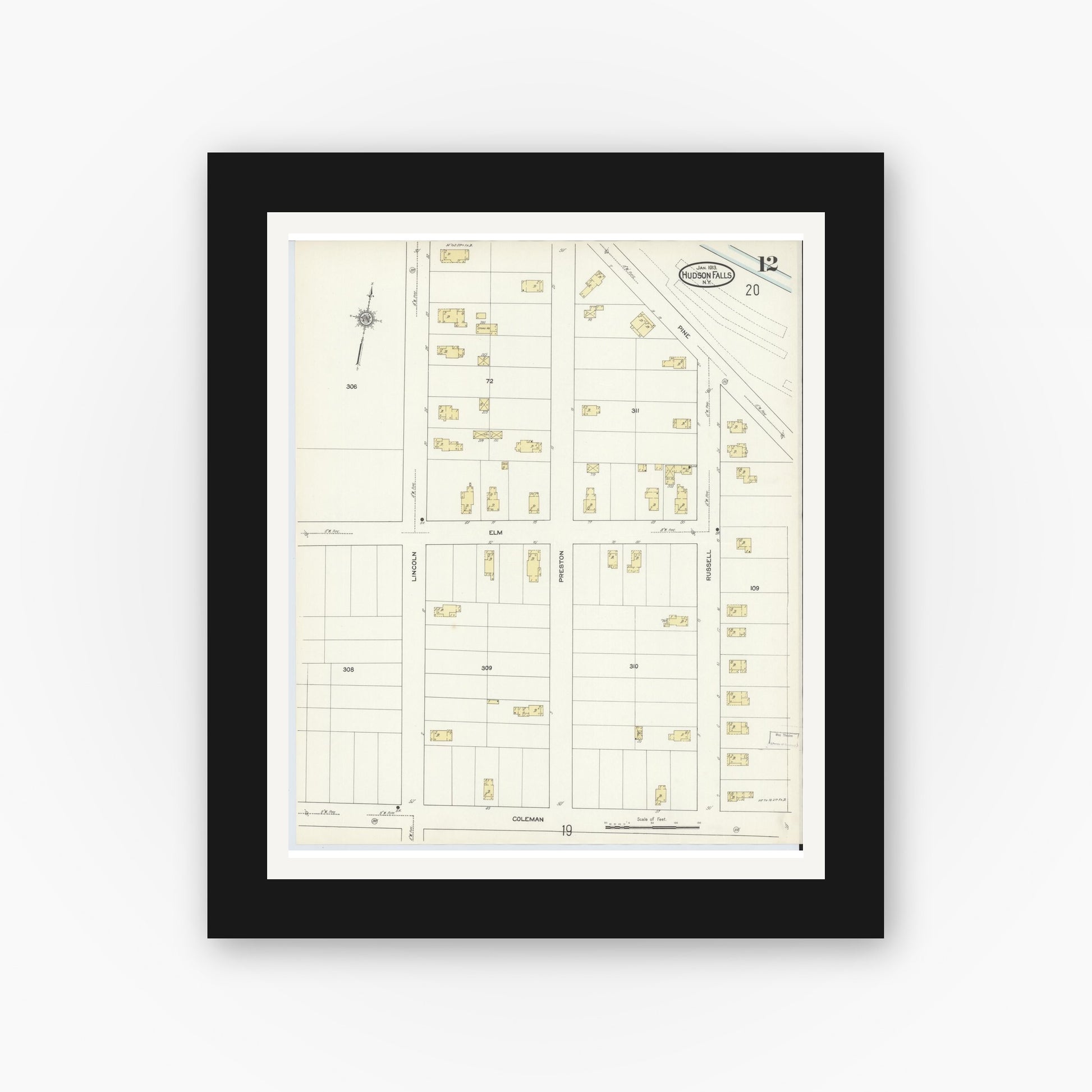Old map wall art mockup — black gallery frame with white mat — Sanborn Fire Insurance Map from Hudson Falls, Washington County, New York (1913), Sheet #0012