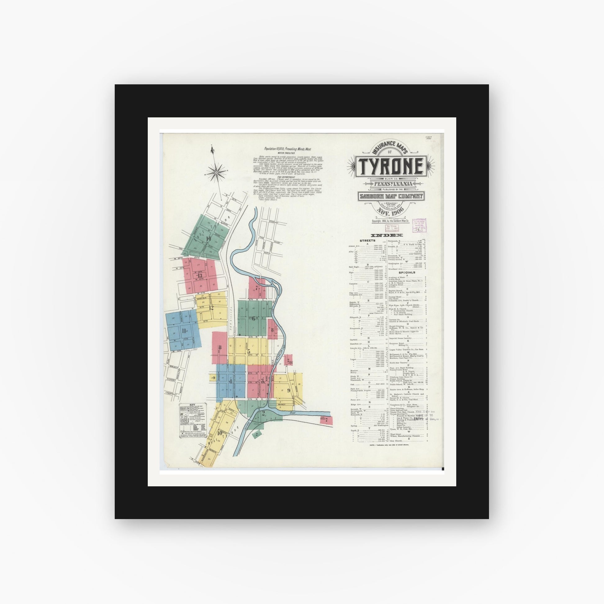 Old map wall art mockup — black gallery frame with white mat — Sanborn Fire Insurance Map from Tyrone, Blair County, Pennsylvania (1906), Sheet #0001