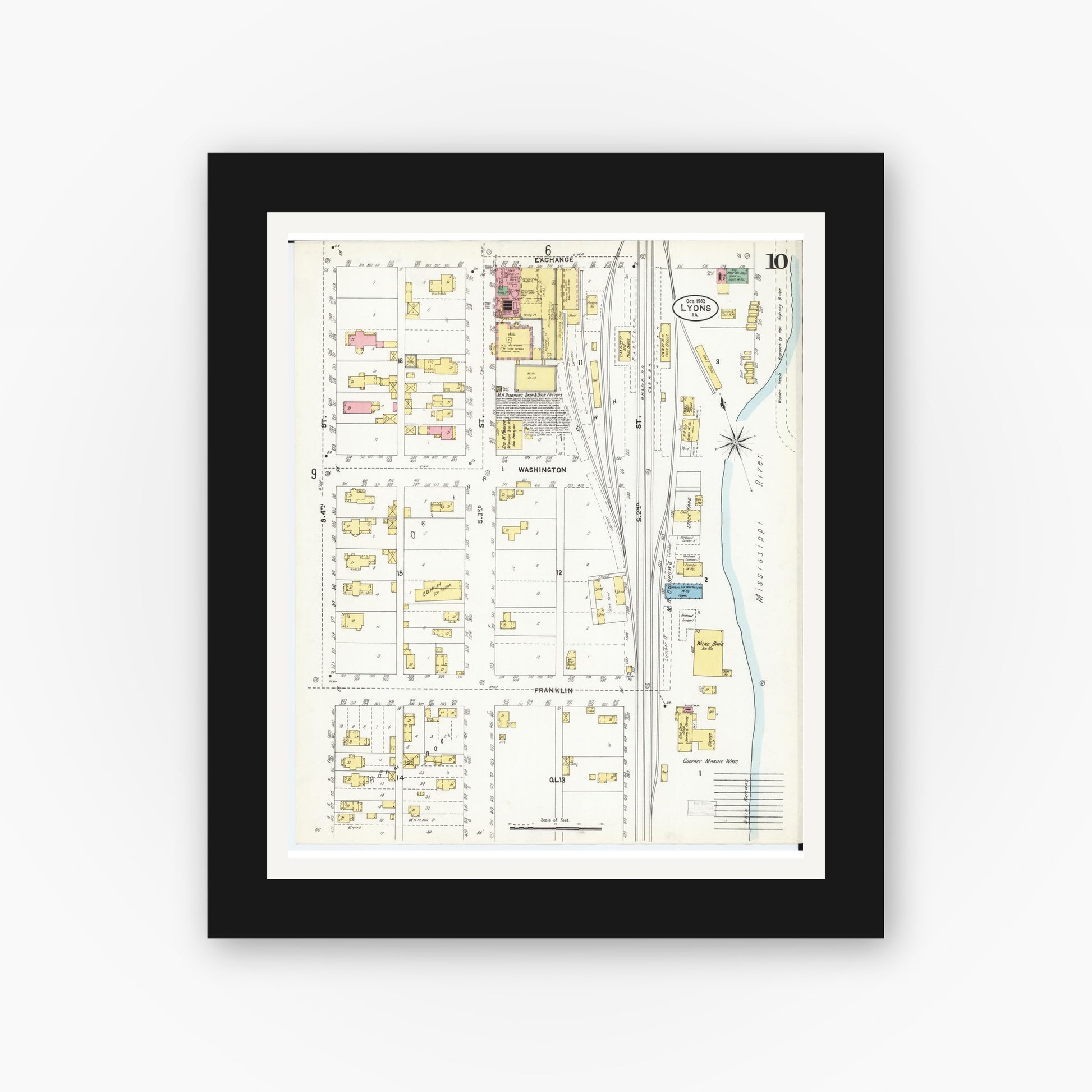Old map wall art mockup — black gallery frame with white mat — Sanborn Fire Insurance Map from Lyons, Clinton County, Iowa (1902), Sheet #0010