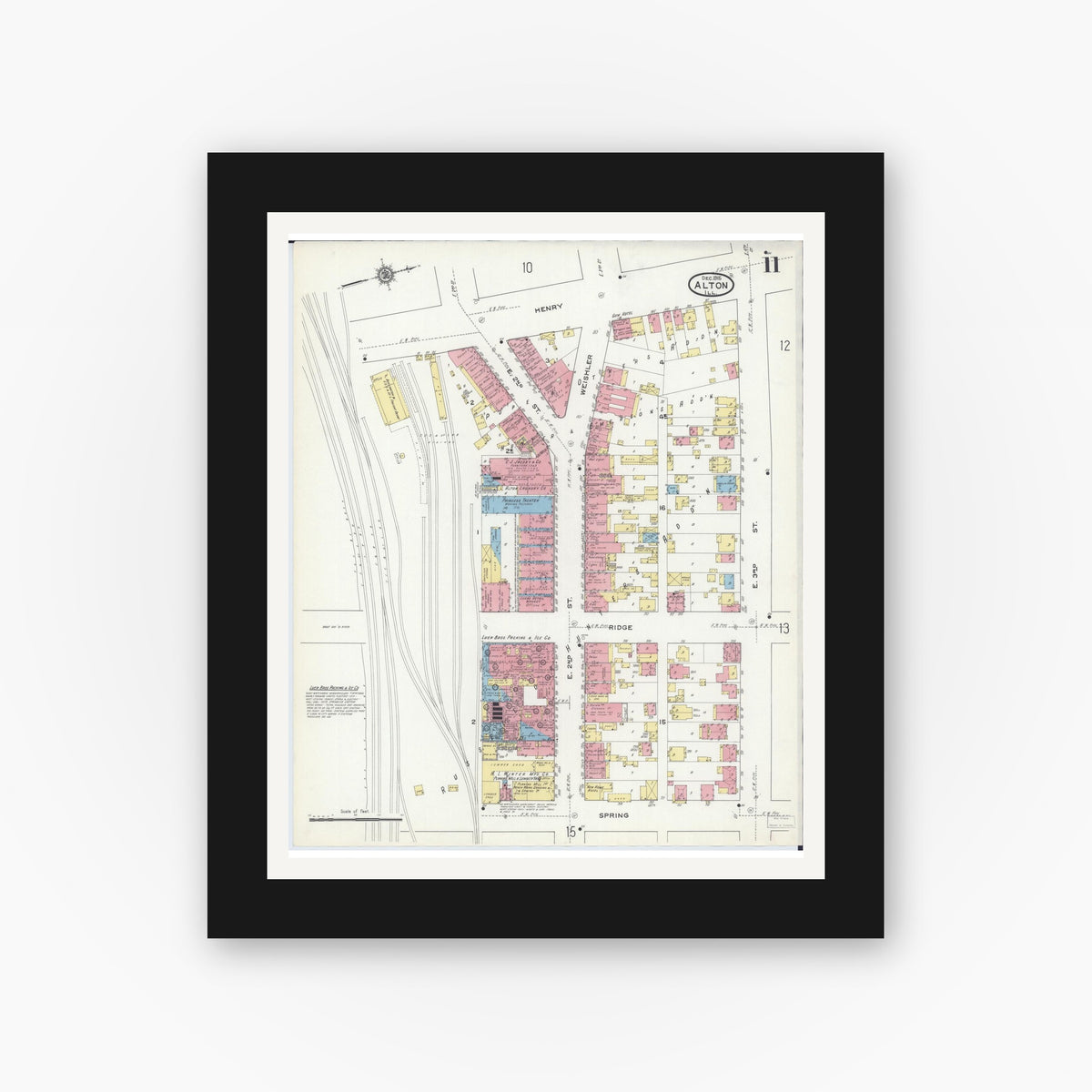 Old map wall art mockup — black gallery frame with white mat — Sanborn Fire Insurance Map from Alton, Madison County, Illinois (1915), Sheet #0011