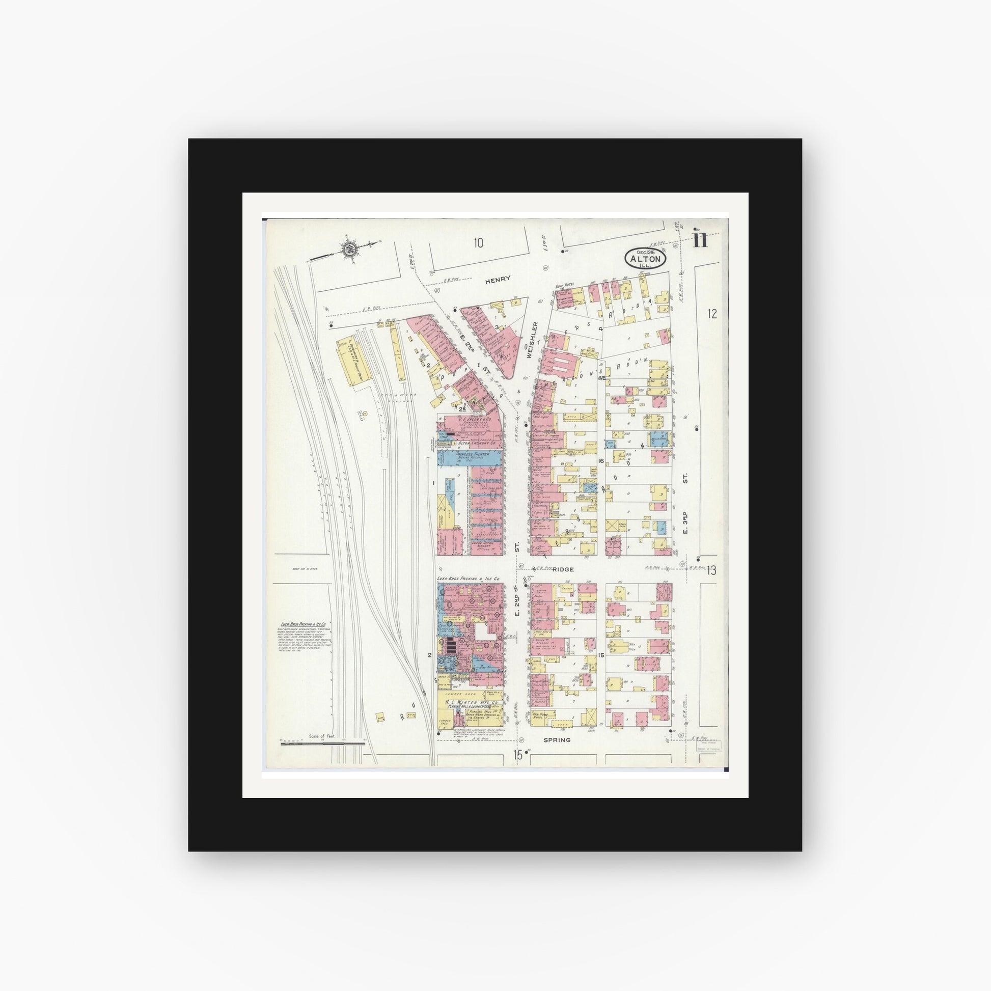 Old map wall art mockup — black gallery frame with white mat — Sanborn Fire Insurance Map from Alton, Madison County, Illinois (1915), Sheet #0011